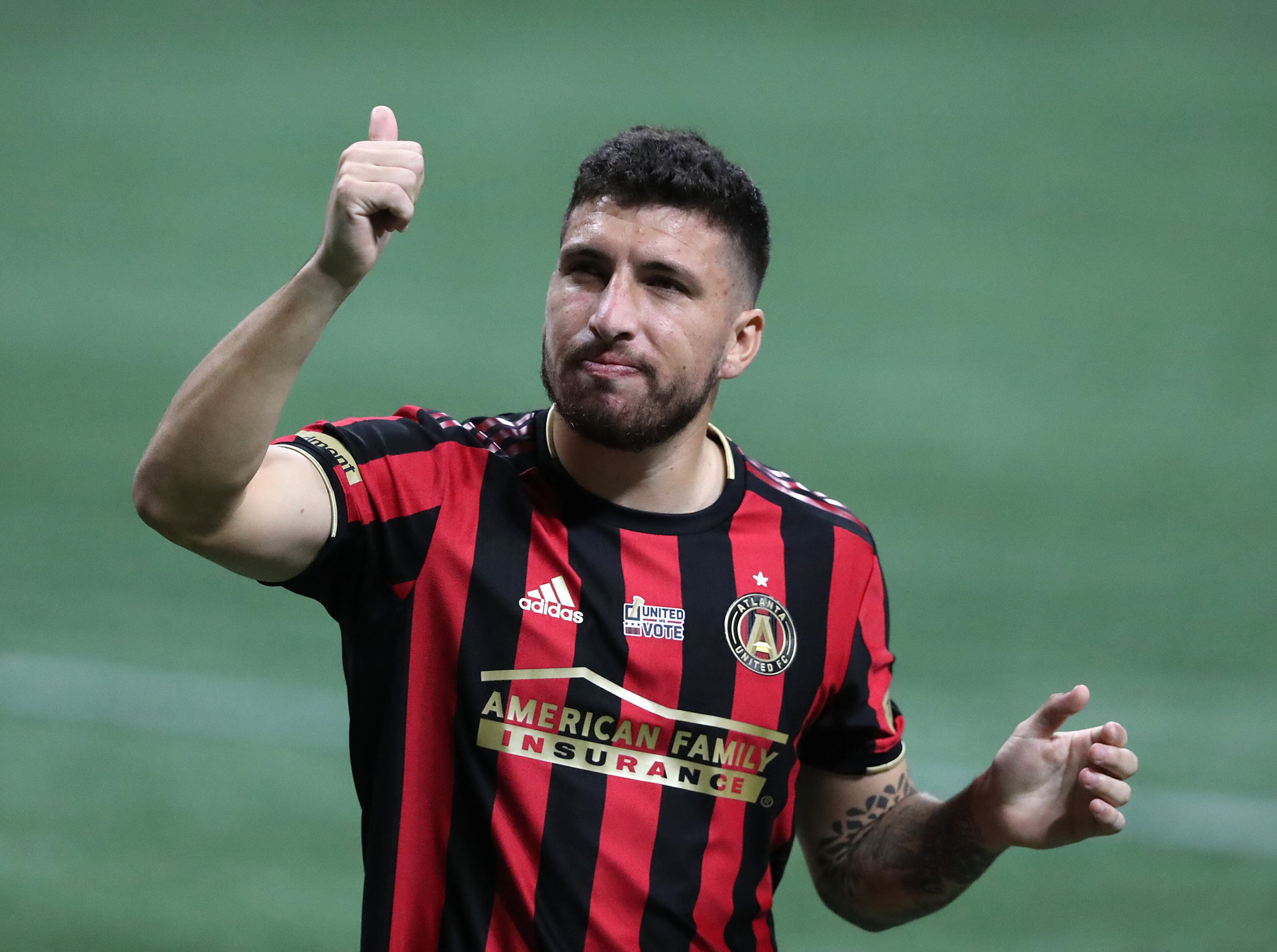 Atlanta United midfielder Eric Remedi celebrates a 2-0 victory over Cincinnati in the final regular season home game of the season Sunday, Nov. 1, 2020, at Mercedes-Benz Stadium in Atlanta. (Curtis Compton / Curtis.Compton@ajc.com)