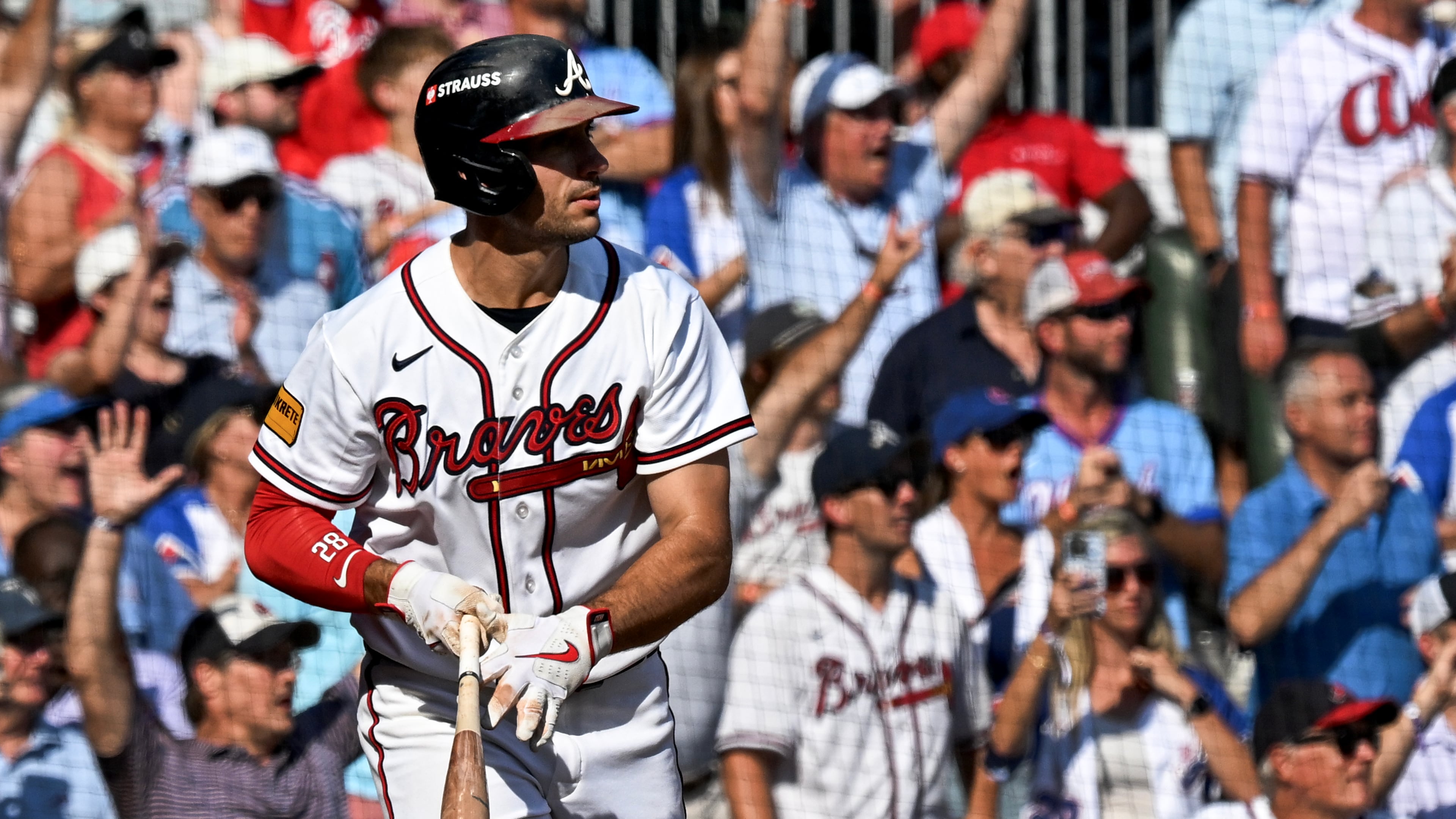 Atlanta BravesÕ Matt Olson (28) hits an RBI sacrifice fly ball against the Philadelphia Phillies during the seventh inning of Game 2 of a MLB National League Wild Card playoff series between the Braves and the Phillies, Wednesday, Sept. 30, 2026, in Atlanta. (Hyosub Shin/AJC)