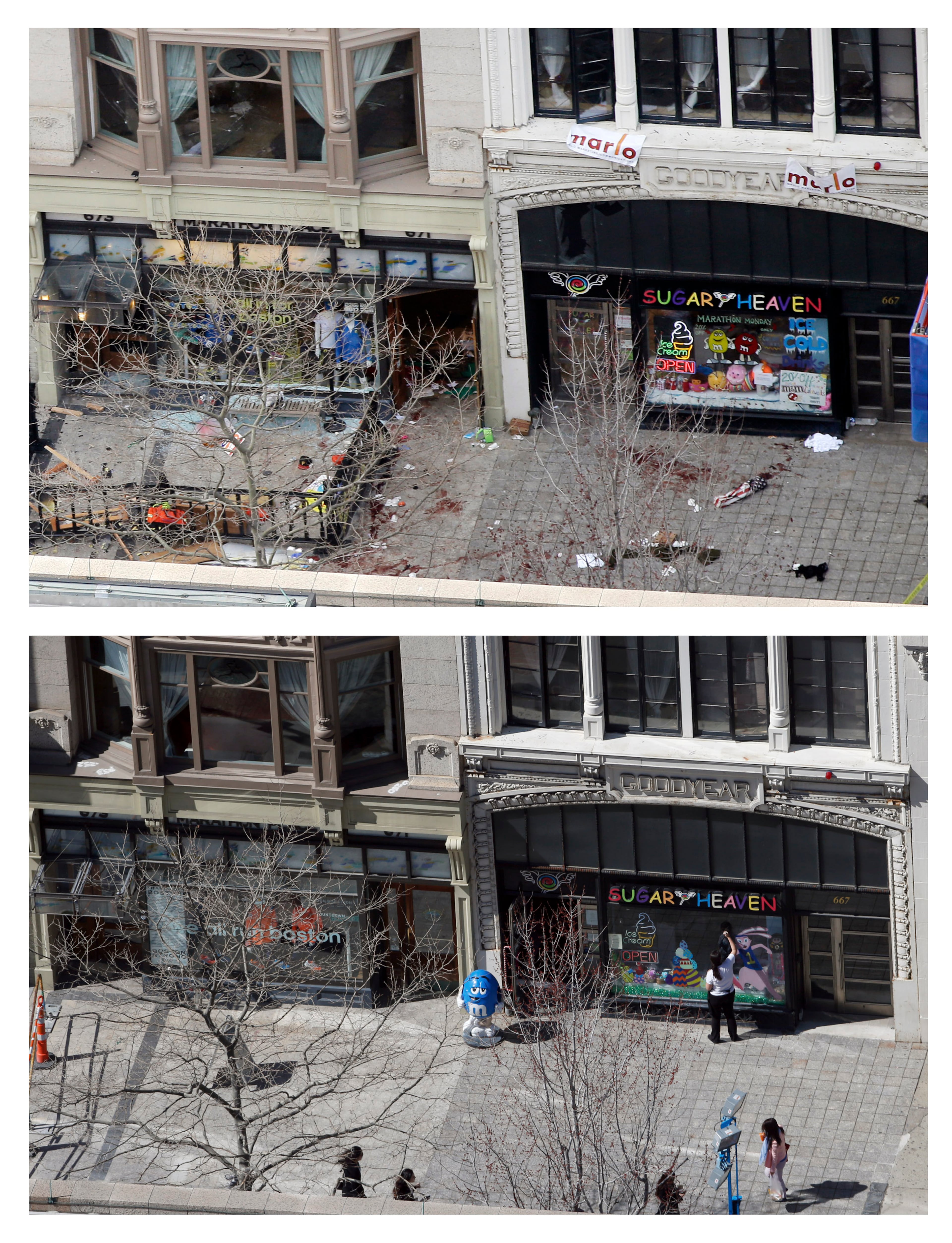This combination of April 15, 2013 and April 10, 2014 photos show a view of Boylston Street in front of the Marathon Sports store, left, the site where the first of two bombs exploded near the finish line of the 2013 Boston Marathon, and pedestrians walking along the same sidewalk almost a year later in Boston. (AP Photo/Elise Amendola)
