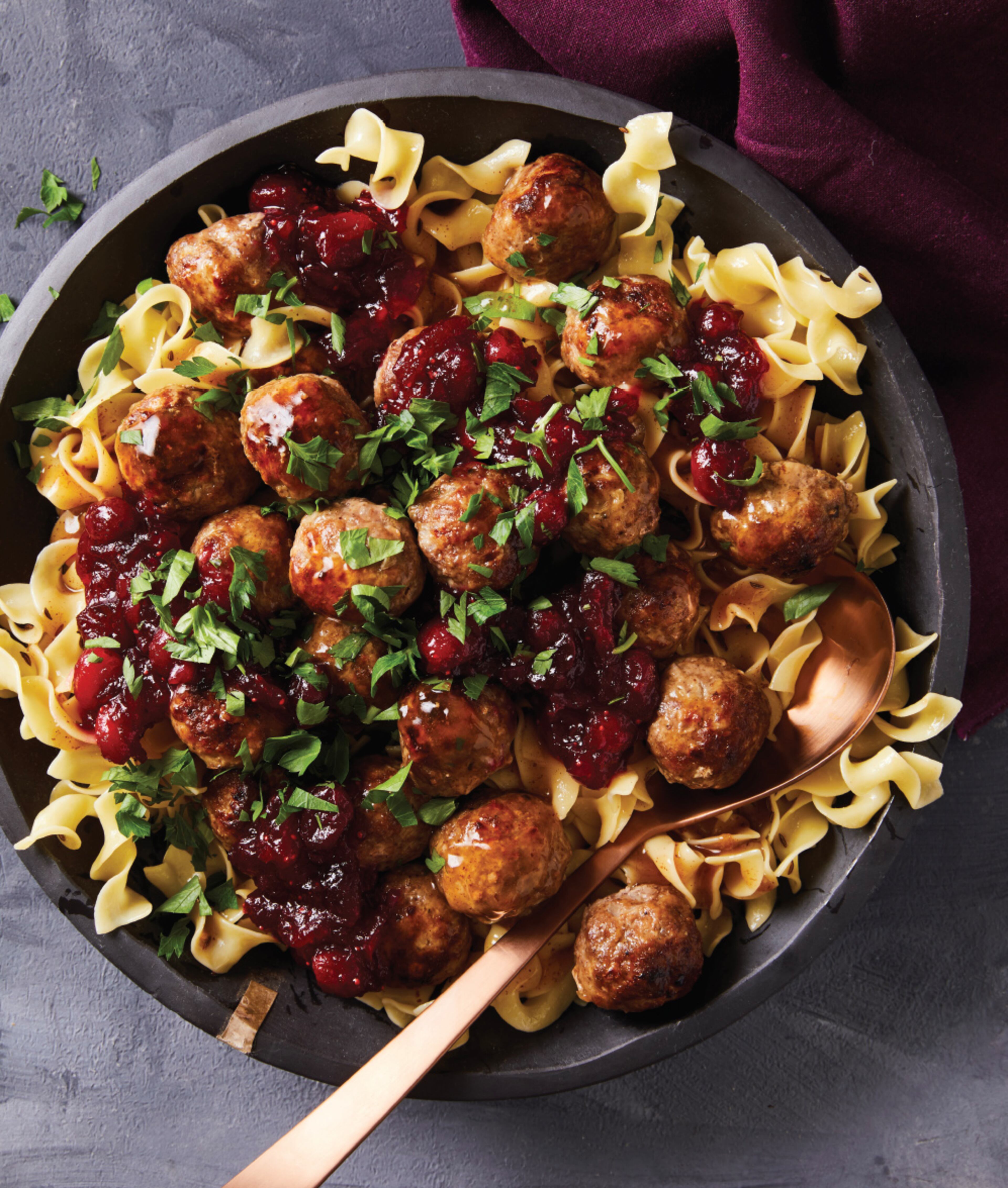 Warm spices, fresh cranberries, and a meat mixture enriched with sour cream put a new twist on Swedish Meatballs with Noodles and Chutney. Reprinted with permission from “Live Life Deliciously: Recipes for Busy Weekdays and Leisurely Weekends” by Tara Bench (Shadow Mountain, $32). Courtesy of Ty Mecham