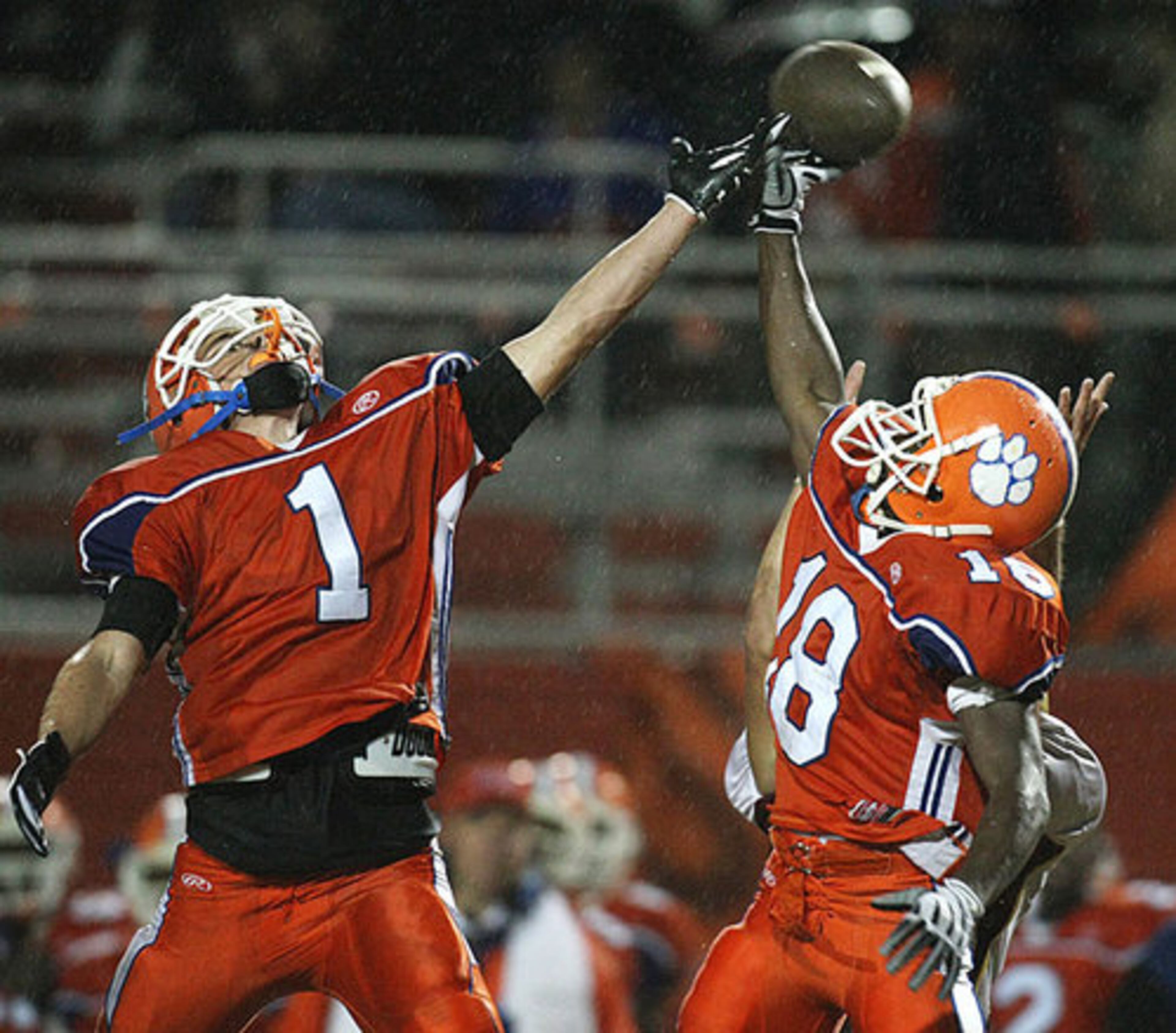 Parkview defensive backs #1 Allan Johnson and #18 Christian Newsome nearly pick off a Brookwood pass intended for wide receiver #37 Taylor Sketch.