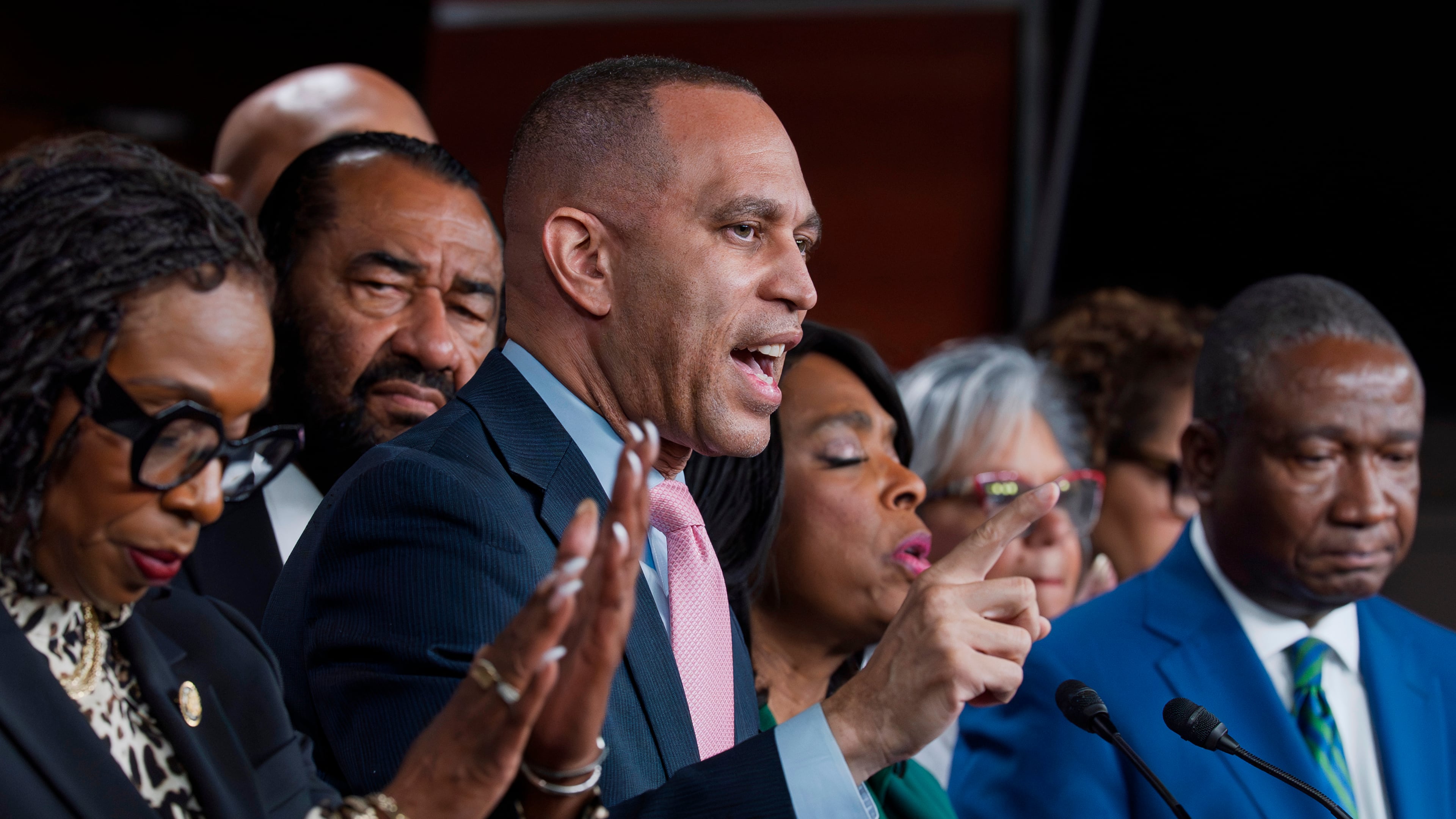 House Minority Leader Hakeem Jeffries, D-N.Y., and members of the Congressional Black Caucus speak to reporters in the wake of the Supreme Court ruling to strike down a majority Black congressional district in Louisiana, at the Capitol in Washington, Wednesday, April 29, 2026. (AP Photo/J. Scott Applewhite)