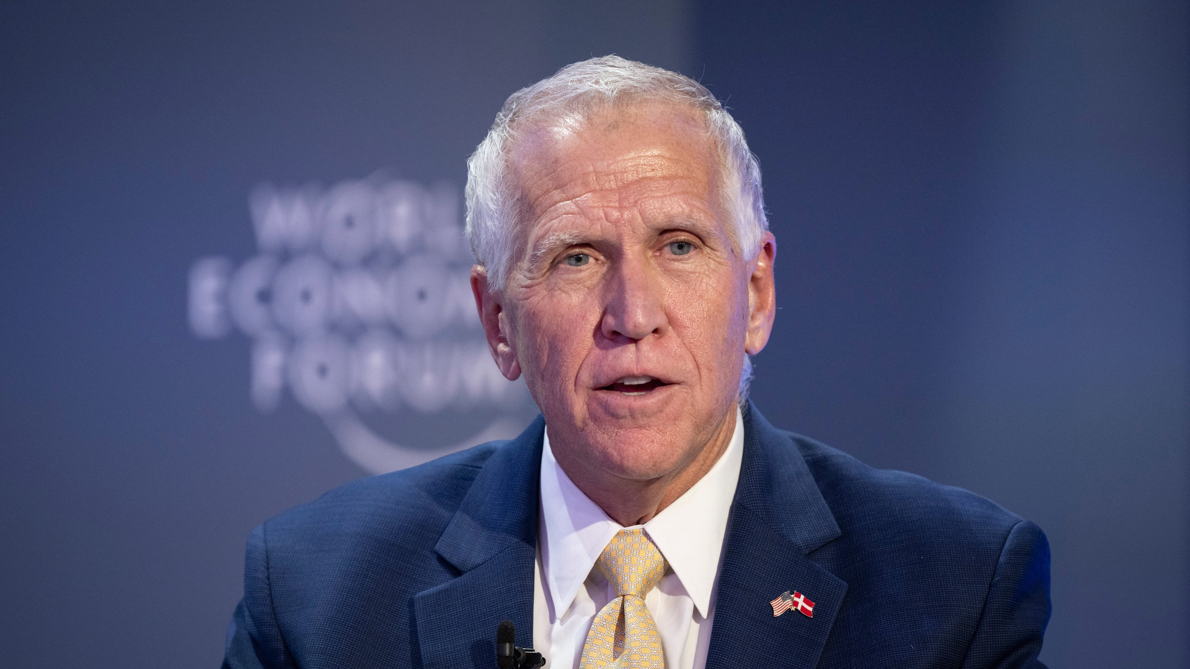 Senator Thom Tillis speaks during a panel session at the 56th annual meeting of the World Economic Forum, WEF, in Davos, Switzerland, Tuesday, Jan. 20, 2026. (Gian Ehrenzeller/Keystone via AP)