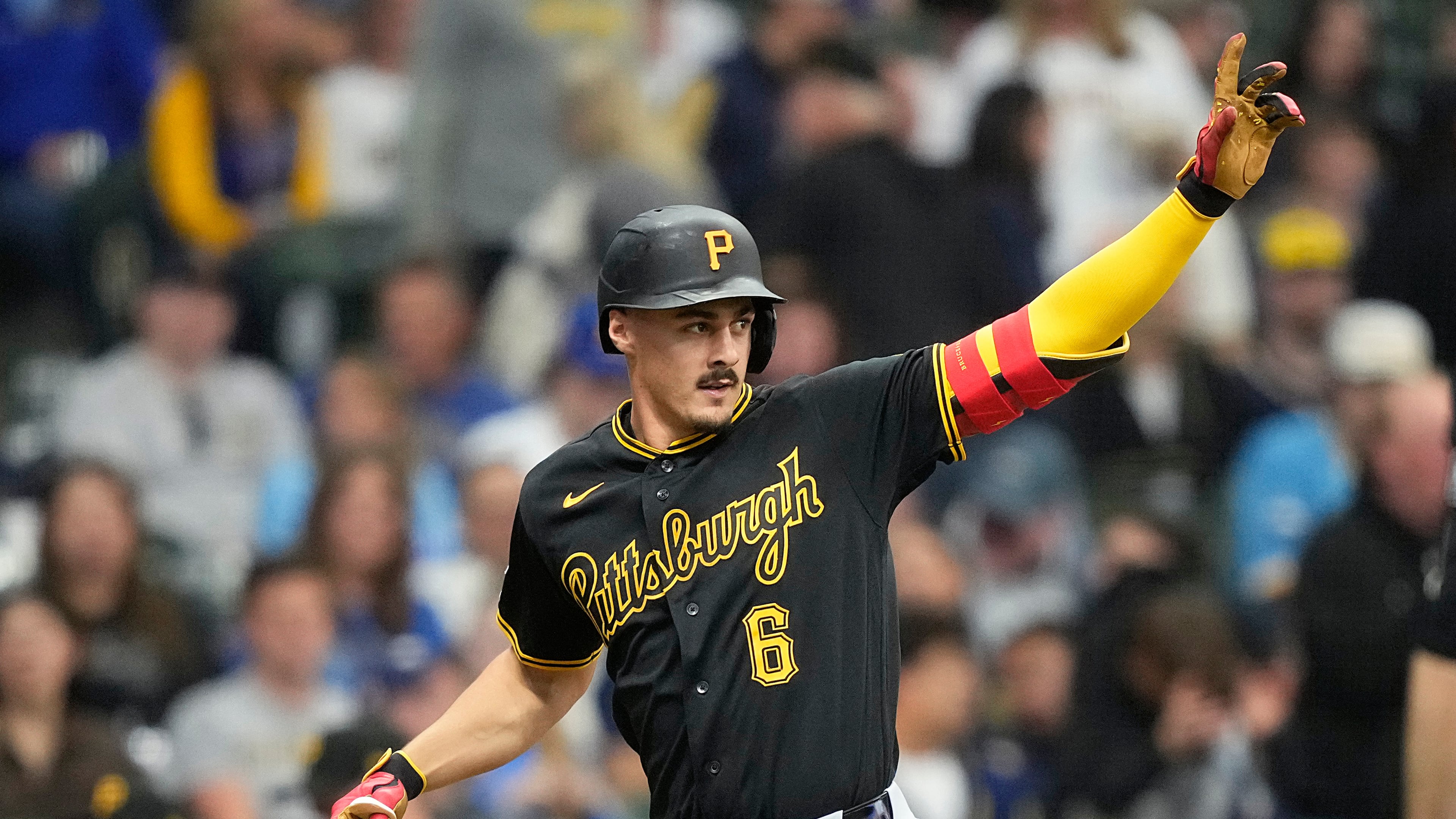 Pittsburgh Pirates' Konnor Griffin reacts after hitting his first major league home run during the third inning of a baseball game against the Milwaukee Brewers, Friday, April 24, 2026, in Milwaukee. (AP Photo/Kayla Wolf)