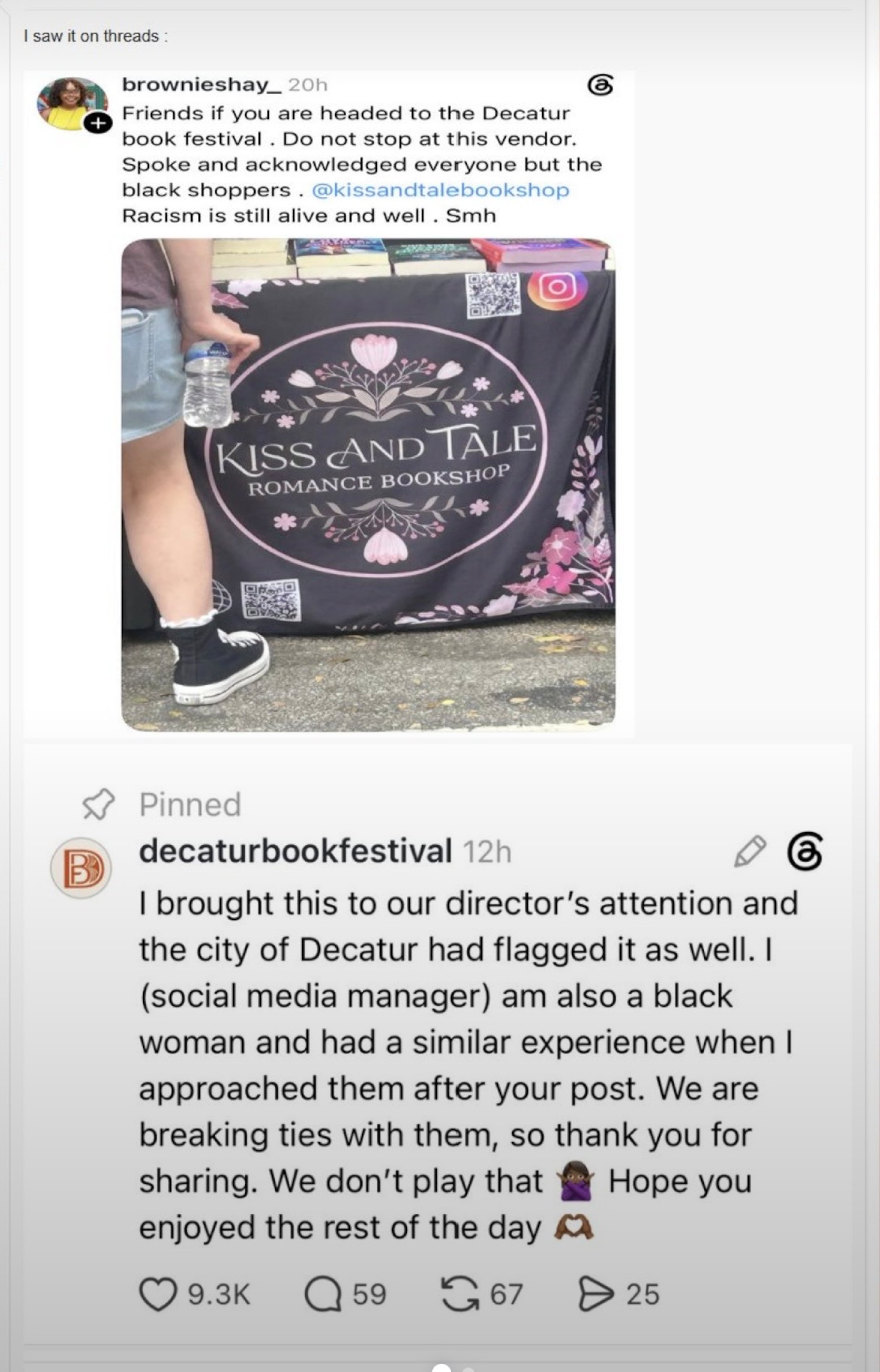 A social media post (top) alleging racism against a local bookstore at the Decatur Book Festival led to an online flogging of the business. The book fest's online site (bottom) soon joined in.