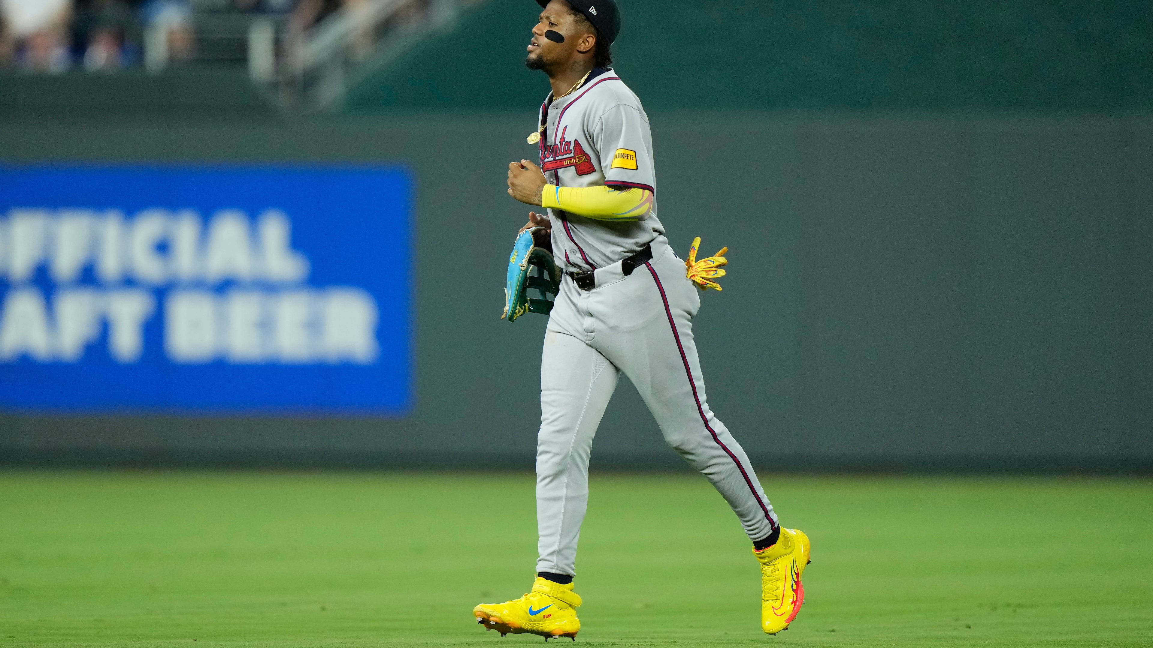 Atlanta Braves right fielder Ronald Acuña Jr. jogs to the dugout as he comes out of the game during the sixth inning of a baseball game against the Kansas City Royals, Tuesday, July 29, 2025, in Kansas City, Mo. (Charlie Riedel/AP)