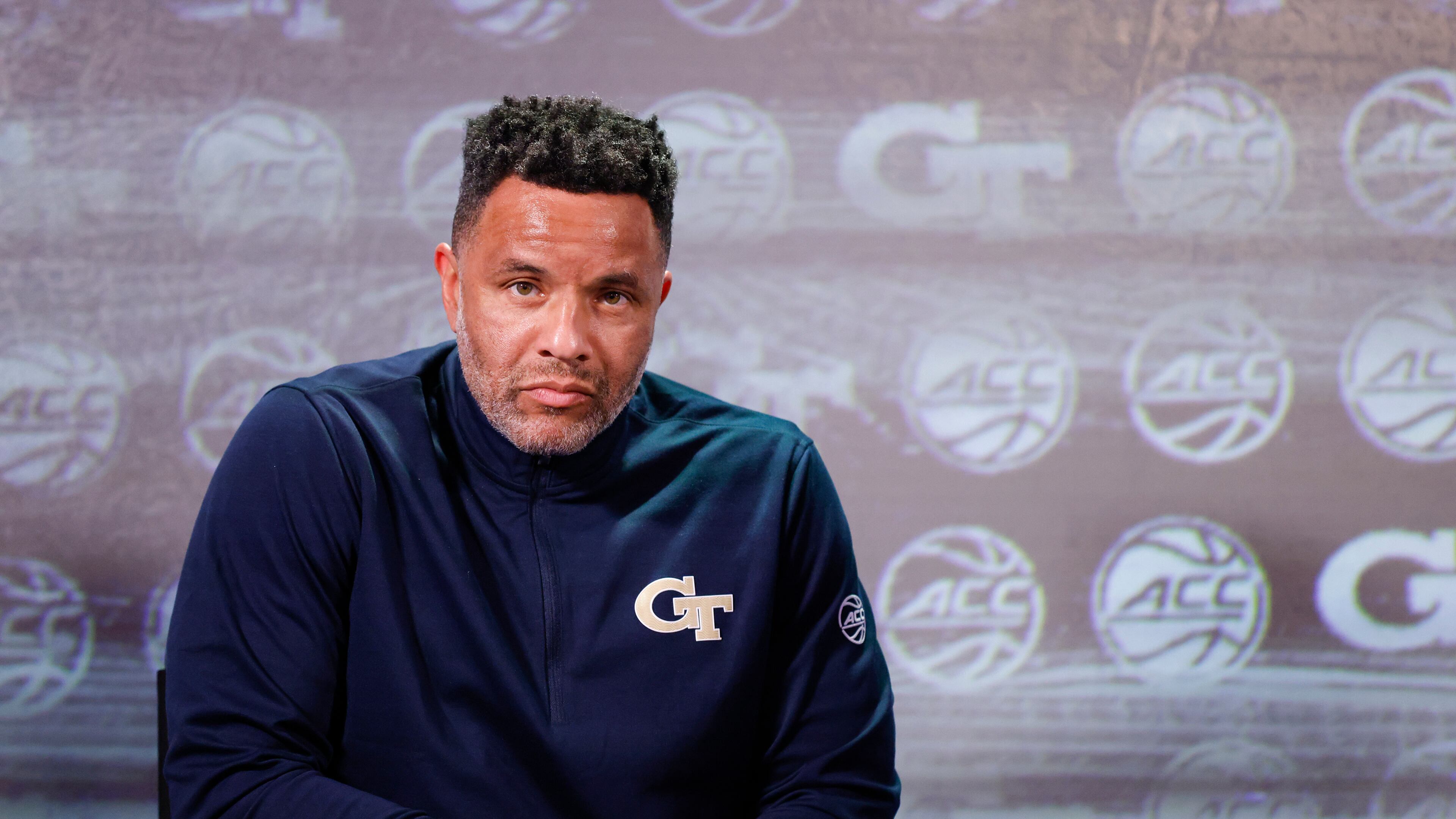 Georgia Tech coach Damon Stoudamire at the 2023 ACC Kickoff in Charlotte, N.C., Wednesday, Oct. 25, 2023. (Photo by Nell Redmond/ACC)