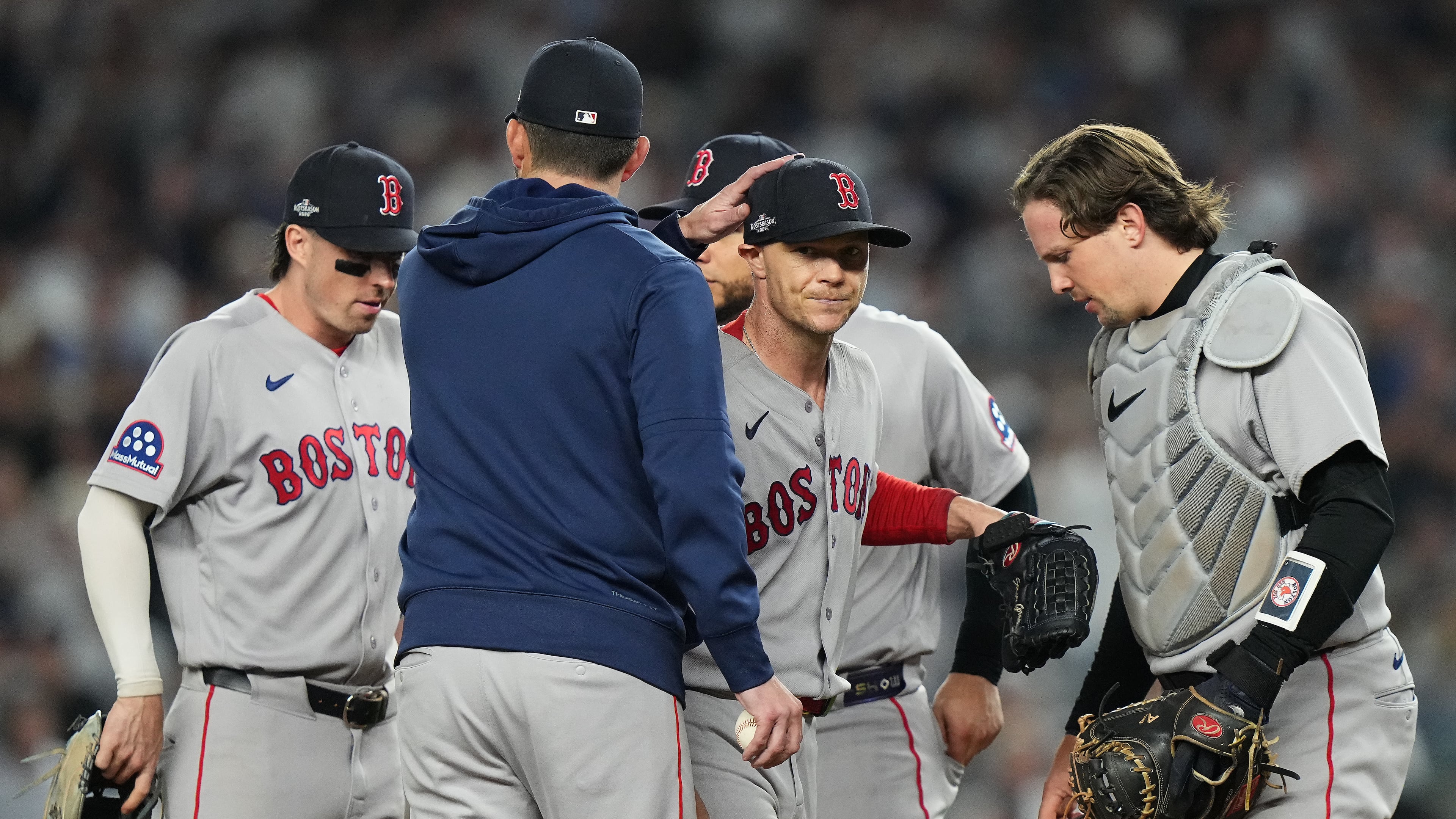 Boston Red Sox starting pitcher Sonny Gray, center facing, is pulled from the game against the New York Yankees during the fifth inning in Game 2 of baseball's American League Wild Card Series, Wednesday, Sept. 30, 2026, in New York. (AP Photo/Frank Franklin II)