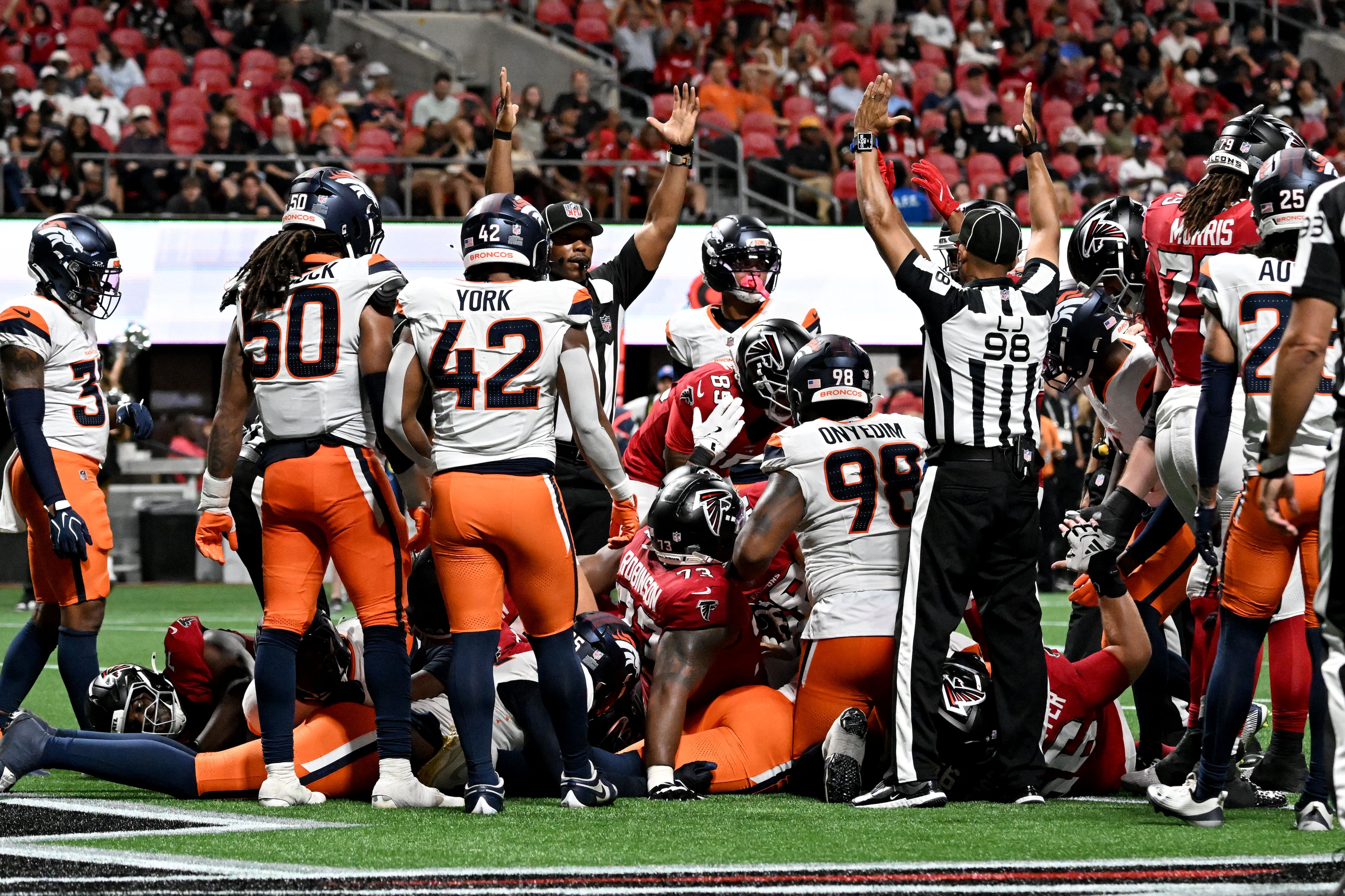 Falcons running back Tyler Goodson (not pictured) scores a touchdown against the Denver Broncos during the second half of their game at Mercedes-Benz Stadium on Friday, Aug. 14, 2026, in Atlanta. (Hyosub Shin/AJC)