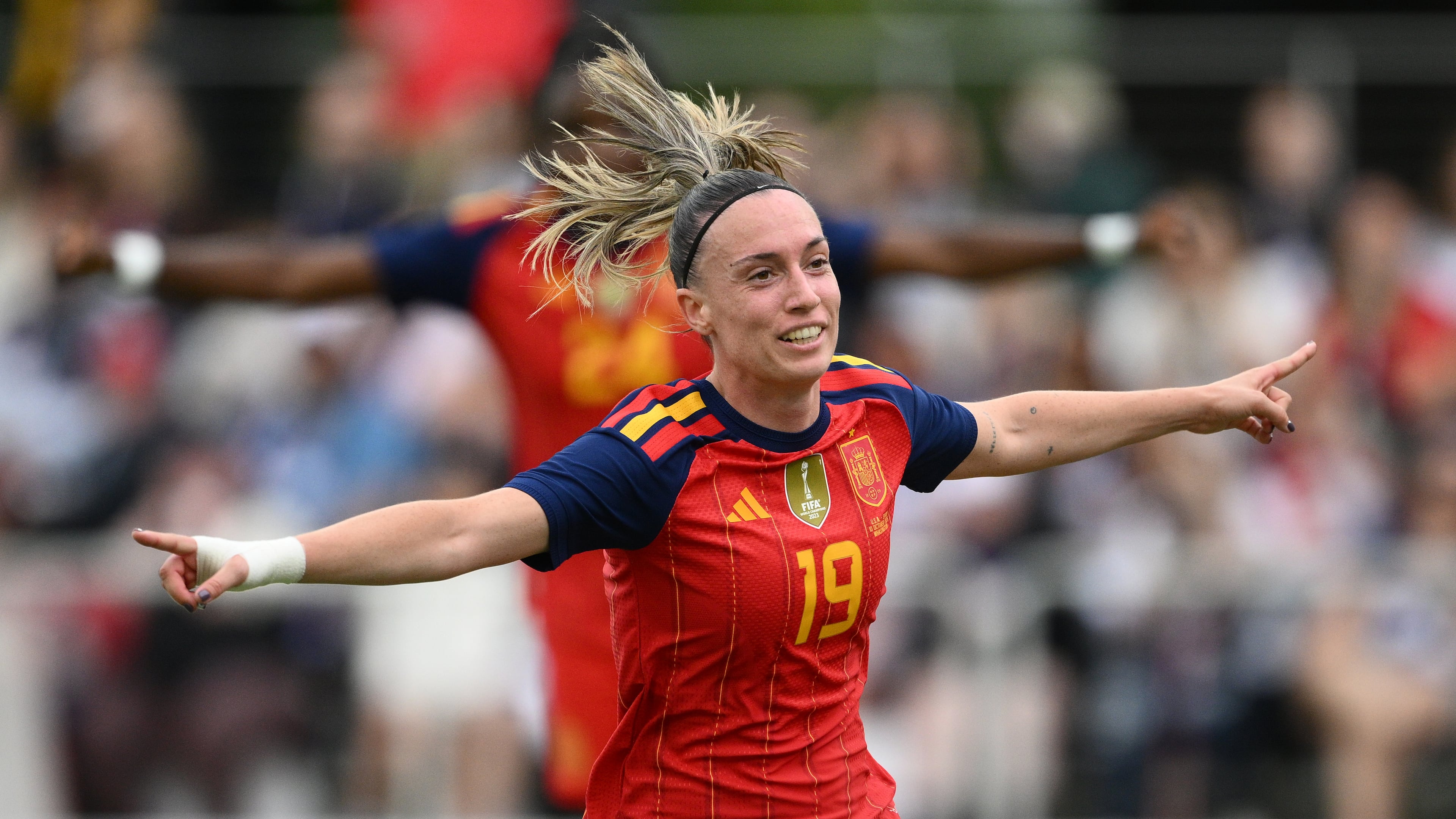 Spain forward Eva Navarro celebrates her goal during the first half of an international friendly soccer match against the United States, Saturday, Oct. 10, 2026, in Washington. (AP Photo/Nick Wass)