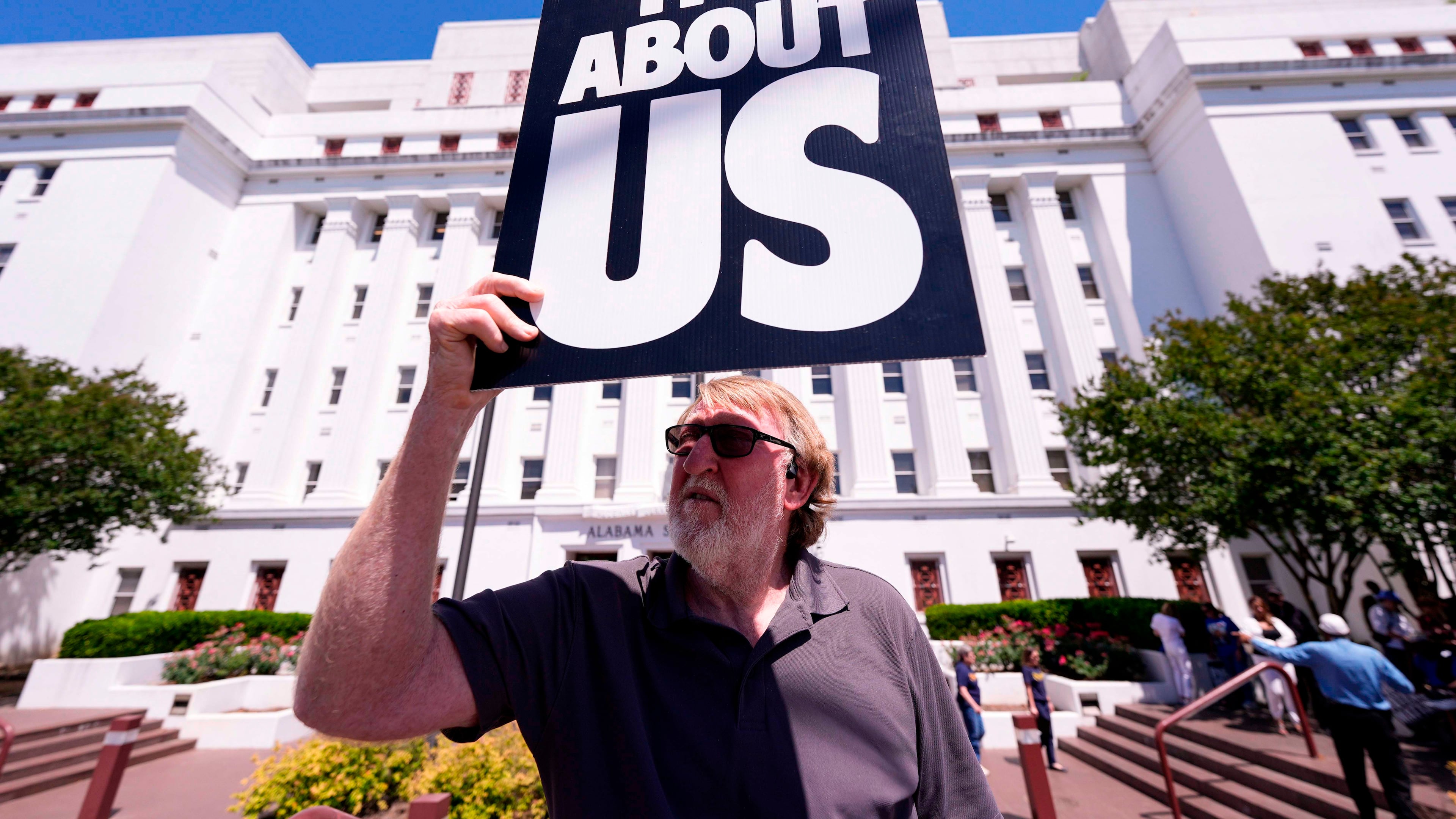 Randall Williams protests outside the Alabama state house during a special session of the Alabama Legislature, Monday, May 4, 2026, in Montgomery, Ala. (AP Photo/Mike Stewart)