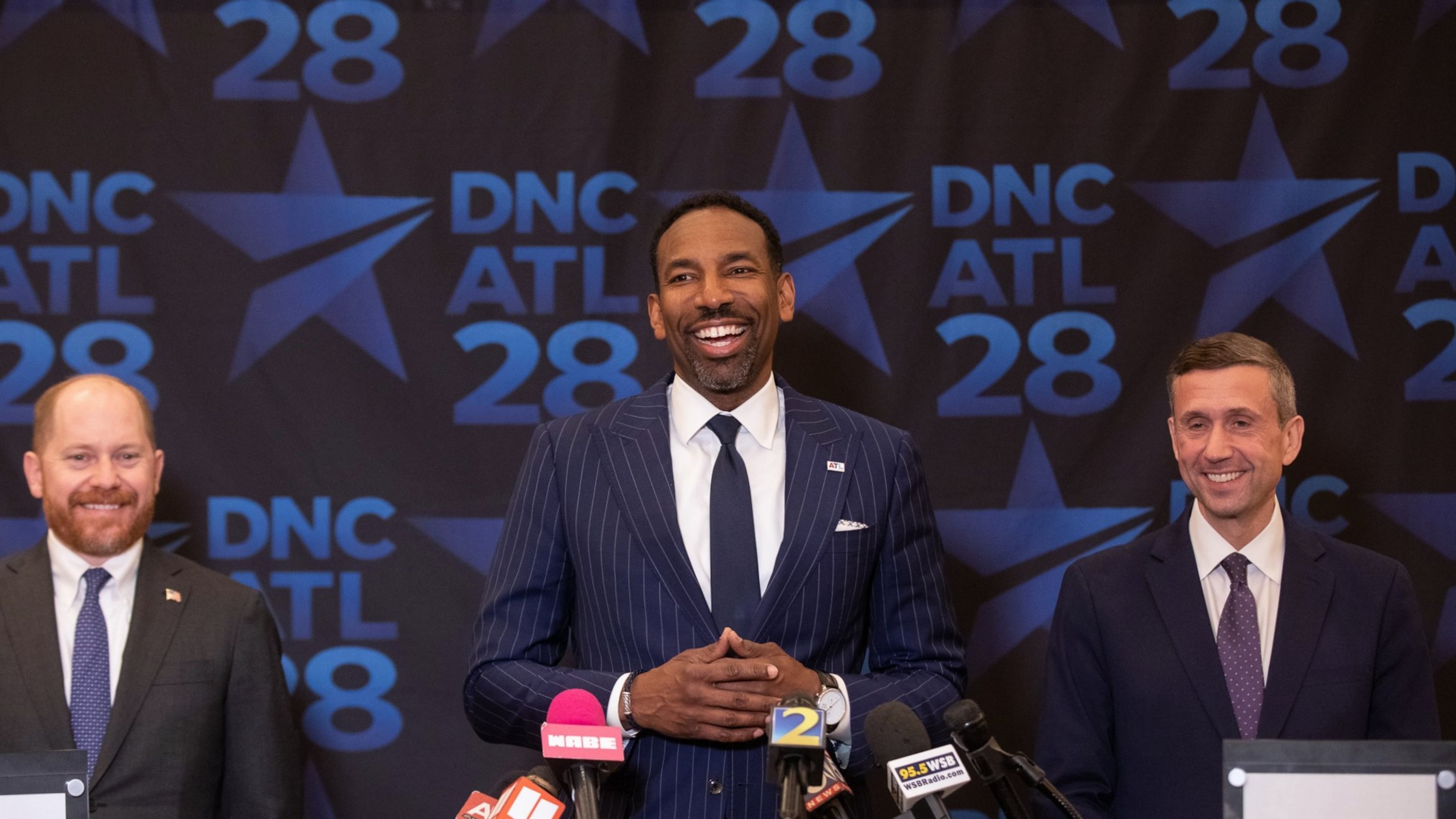 Atlanta Mayor Andre Dickens (center) and Democratic Party of Georgia Chair Charlie Bailey (left) hosted Democratic National Committee Chair Ken Martin (right) back in April as part of the city's bid to host the 2028 Democratic National Convention. (Riley Bunch/AJC)