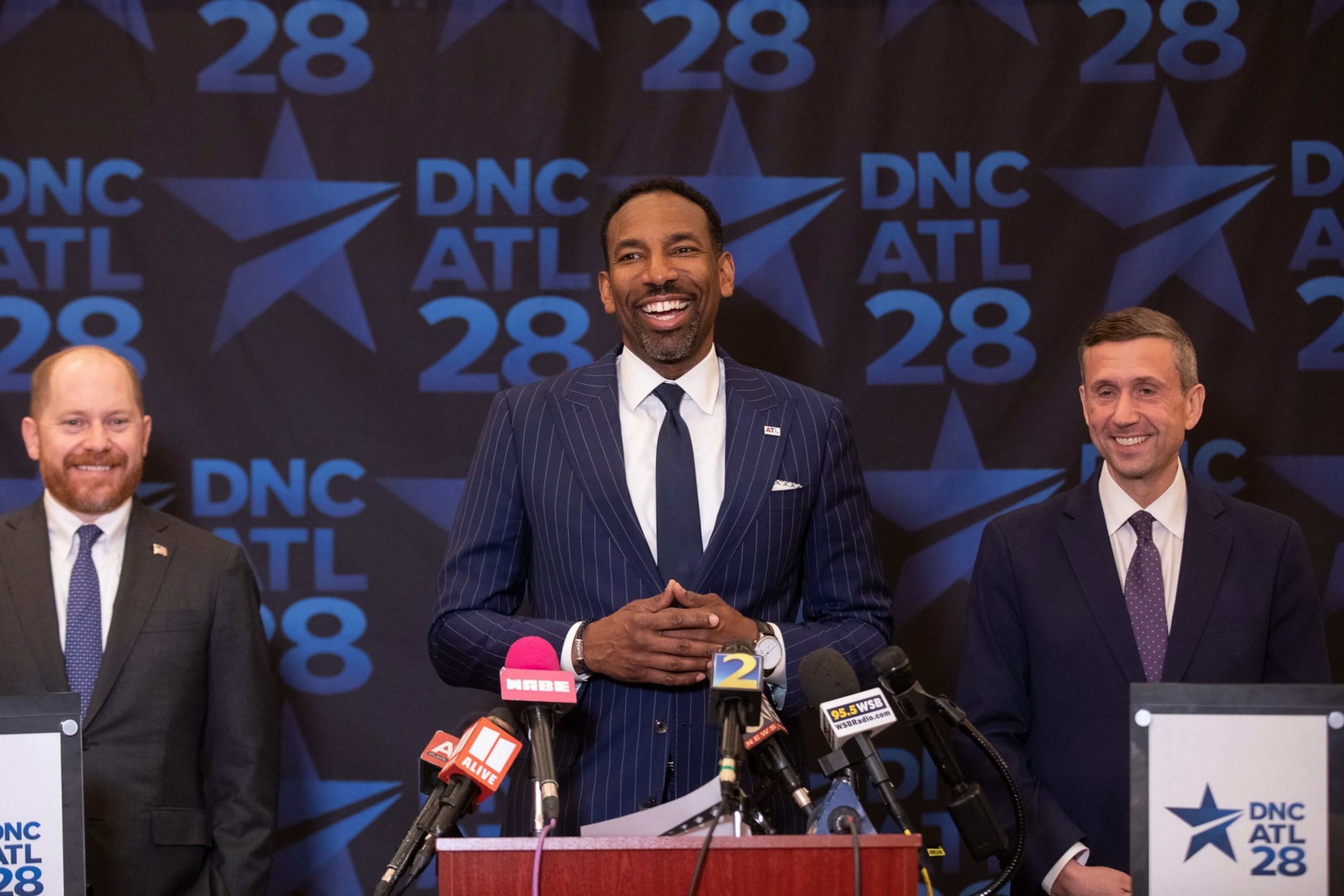 Atlanta Mayor Andre Dickens (center) and Democratic Party of Georgia Chair Charlie Bailey (left) hosted Democratic National Committee Chair Ken Martin (right) back in April as part of the city's bid to host the 2028 Democratic National Convention. (Riley Bunch/AJC)