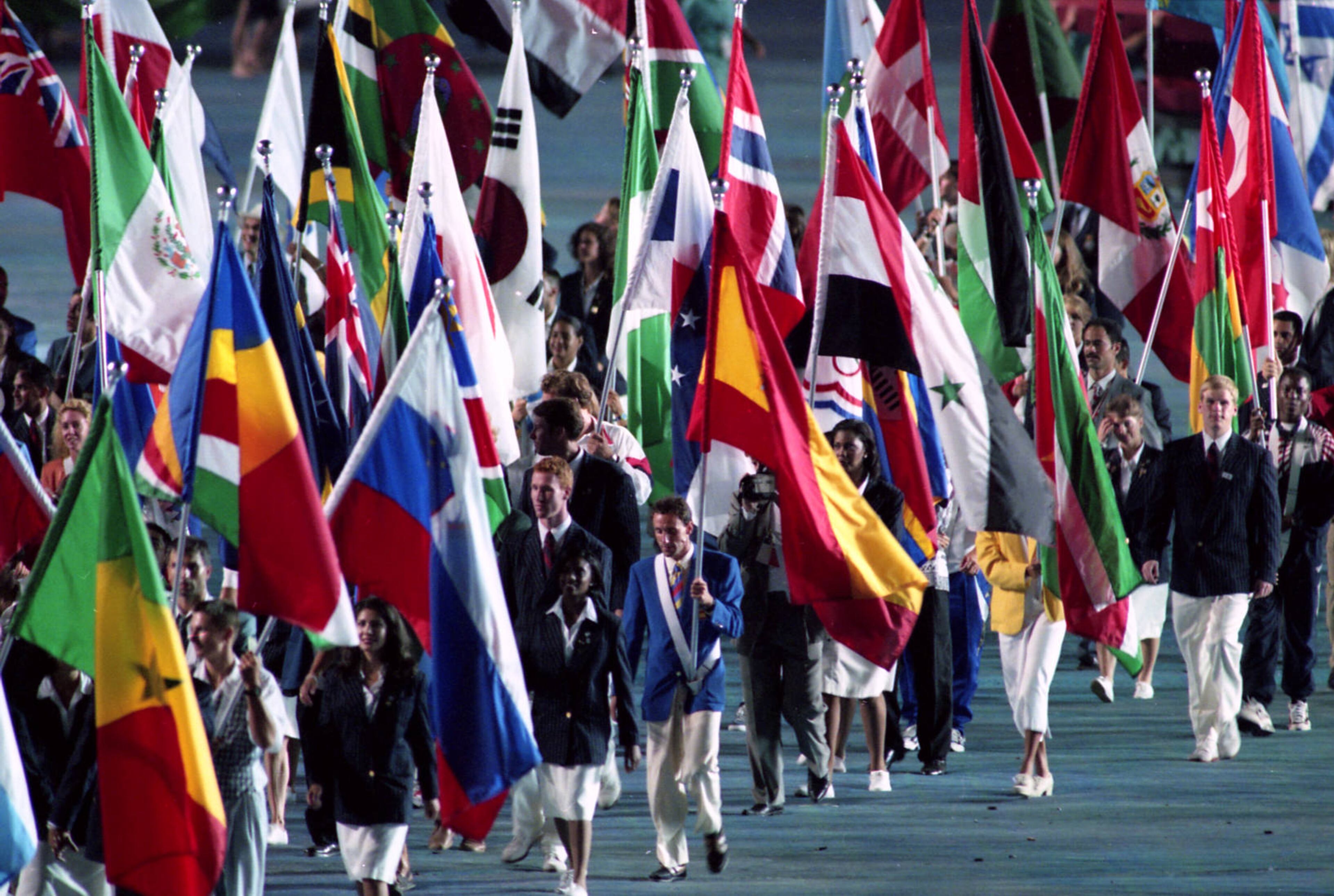 National flags being carried at the 1996 Olympics closing ceremony, Atlanta, Georgia, August 4, 1996. Photo by John Spink/jspink@ajc.com