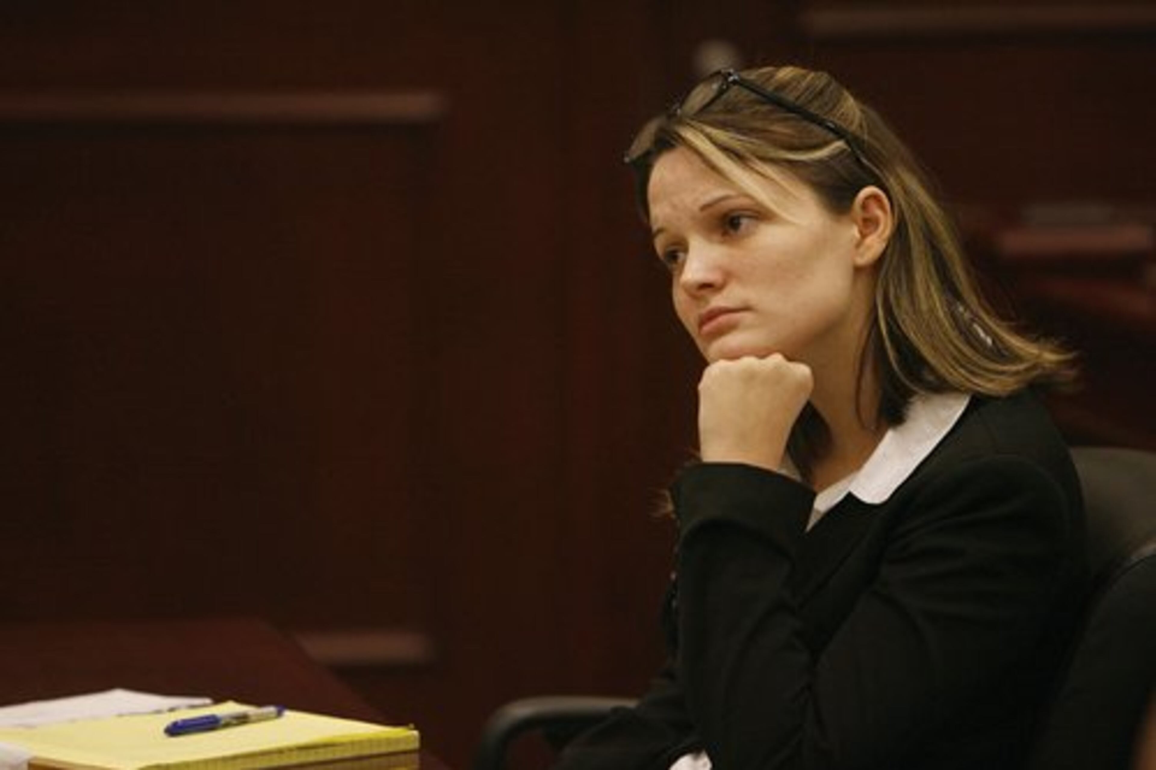 Tessa Zelek, 25, charged with nearly starving her 13-month-old twins to death, listens during closing arguments at the Clayton County Courthouse on Thursday.