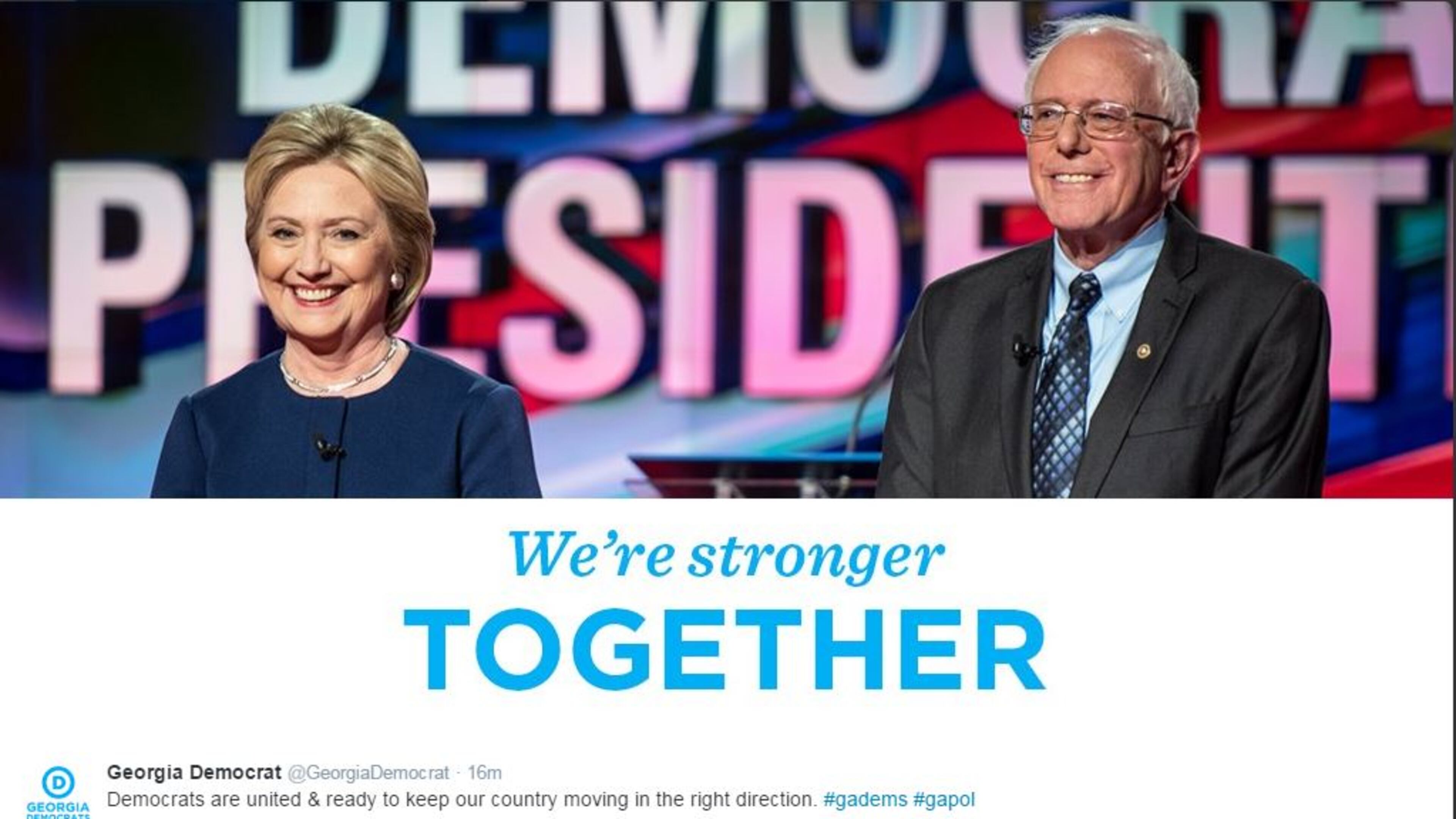 This photo was tweeted by the Democratic Party of Georgia on Tuesday shortly after Bernie Sanders endorsed Hillary Clinton for president.