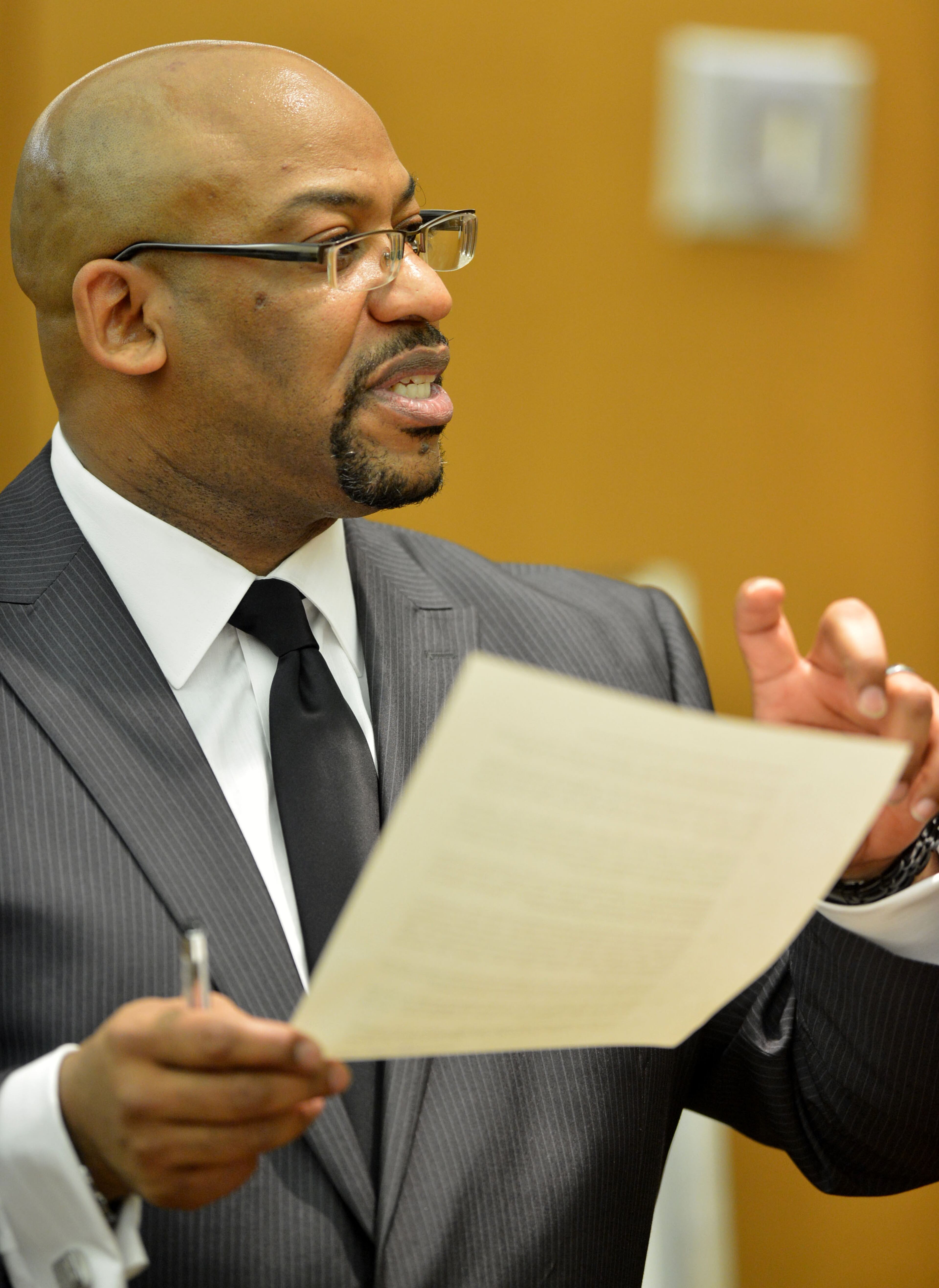 Fulton prosecutor Clint Rucker outlines the plea agreement with Sandra Ward during the hearing. Ward. a former administrator at Parks Middle School, pleaded guilty to a reduced charge. She was sentenced to serve one year probation, repay $5,000 she received in bonus money, perform 250 hours of community service and cooperate with the prosecution. Educators in the Atlanta Public Schools cheating scandal enter pleas before Judge Jerry Baxter in Fulton County Superior Court Friday, February 21, 2014. Any defendants in the widespread Atlanta Public Schools cheating case who don't make guilty pleas by the end of Friday will likely go on trial this spring, including Superintendent Beverly Hall and senior members of her staff. KENT D. JOHNSON / KDJOHNSON@AJC.COM