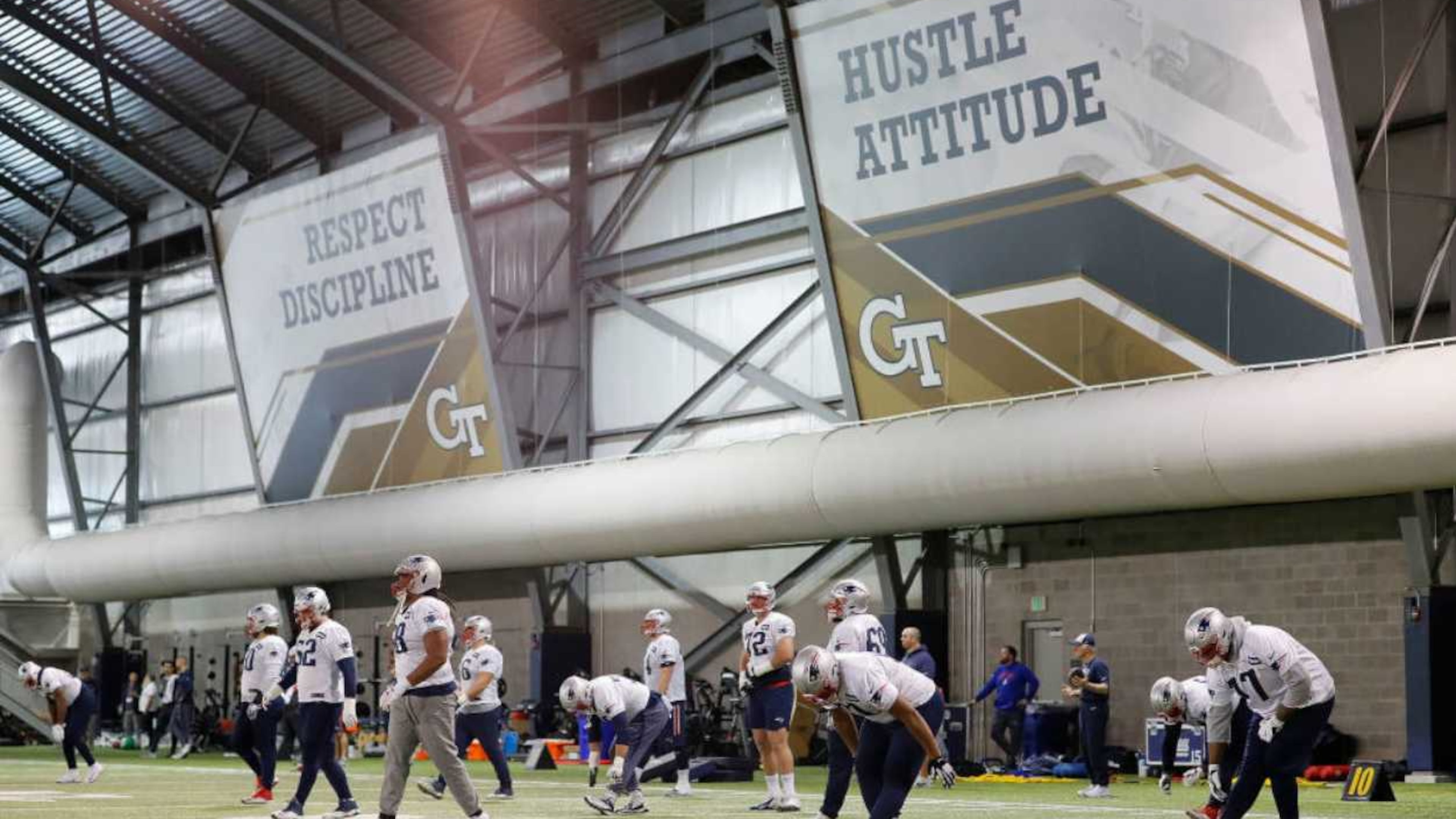 The New England Patriots practice inside Georgia Tech's Brock Practice Facility on January 30, 2019 in Atlanta, Georgia.