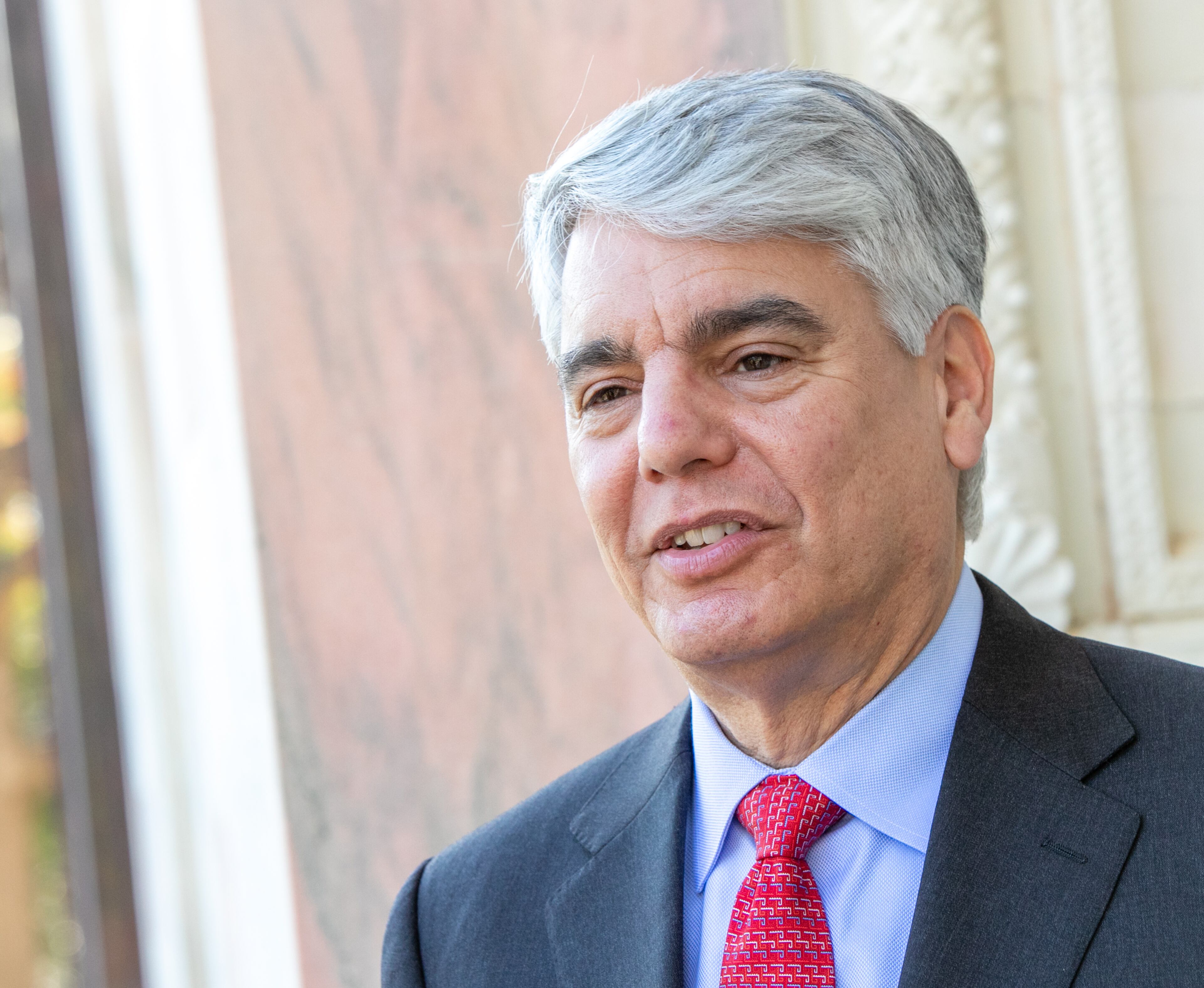 Emory University President Gregory Fenves on Friday, Feb. 11, 2022, on campus. (Jenni Girtman for The Atlanta Journal-Constitution)