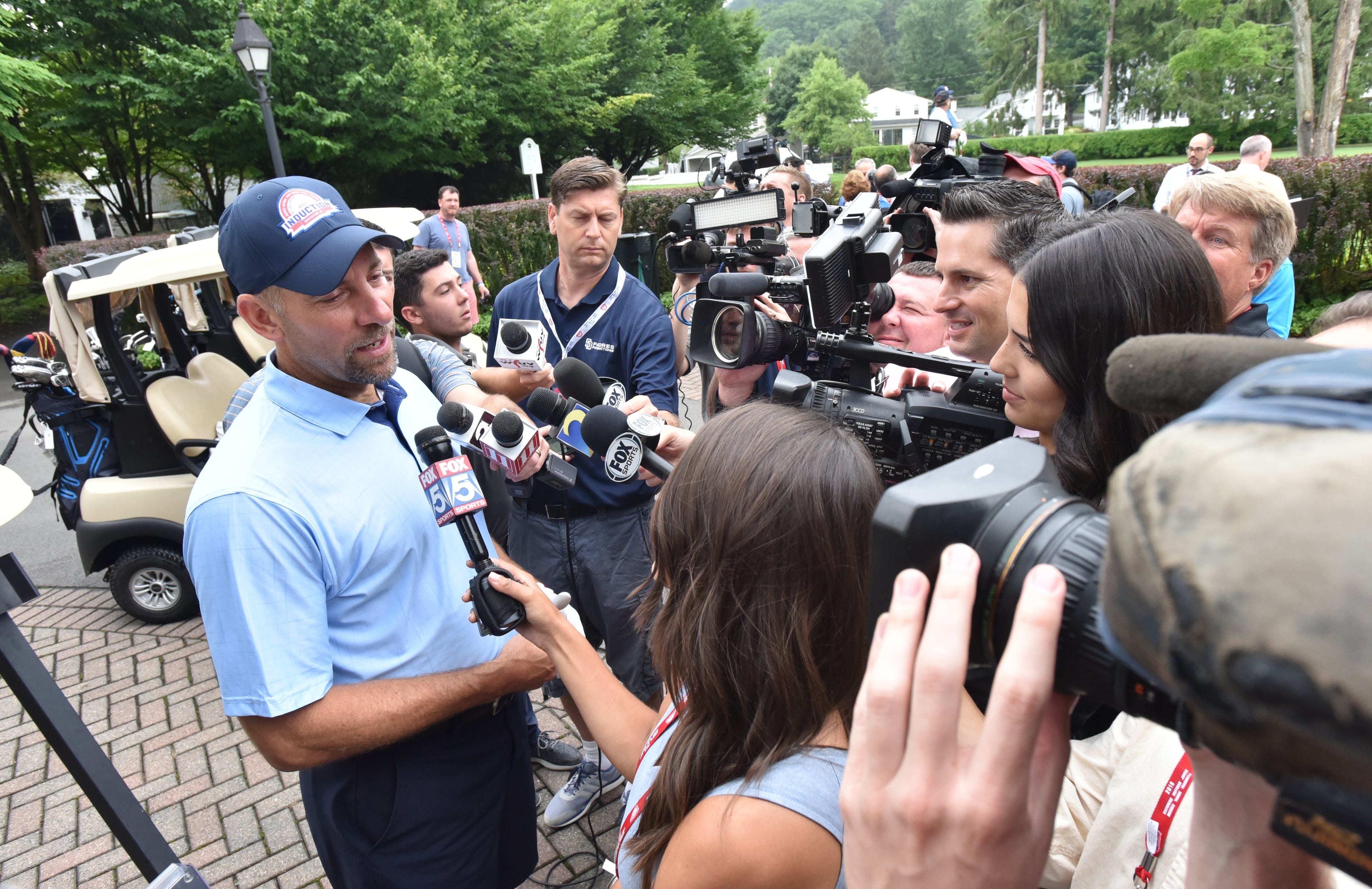 July 28, 2018 Cooperstown, N.Y. - Former Braves and Baseball Hall of Fame member John Smoltz speaks to members of the press during the Saturday golf tournament at Leatherstocking Golf Course in Cooperstown, N.Y. on Saturday, July 28, 2018. Braves legend Chipper Jones is set for induction into the National Baseball Hall of Fame on Sunday in Cooperstown, N.Y. HYOSUB SHIN / HSHIN@AJC.COM