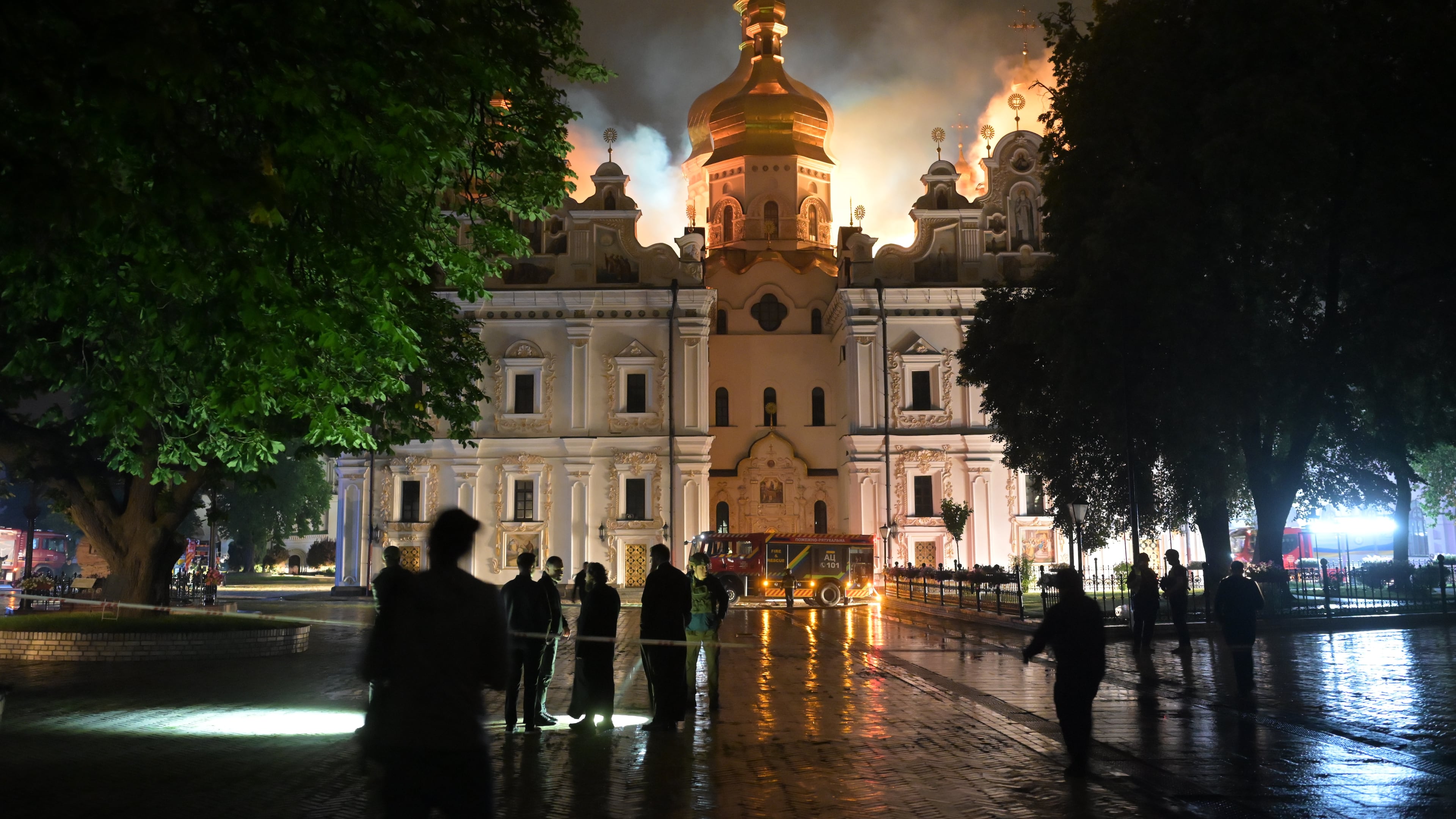 The roof of the Dormition Cathedral of the Kyiv-Pechersk Lavra burns, Monday, June 15, 2026. (AP Photo/Danylo Antoniuk)