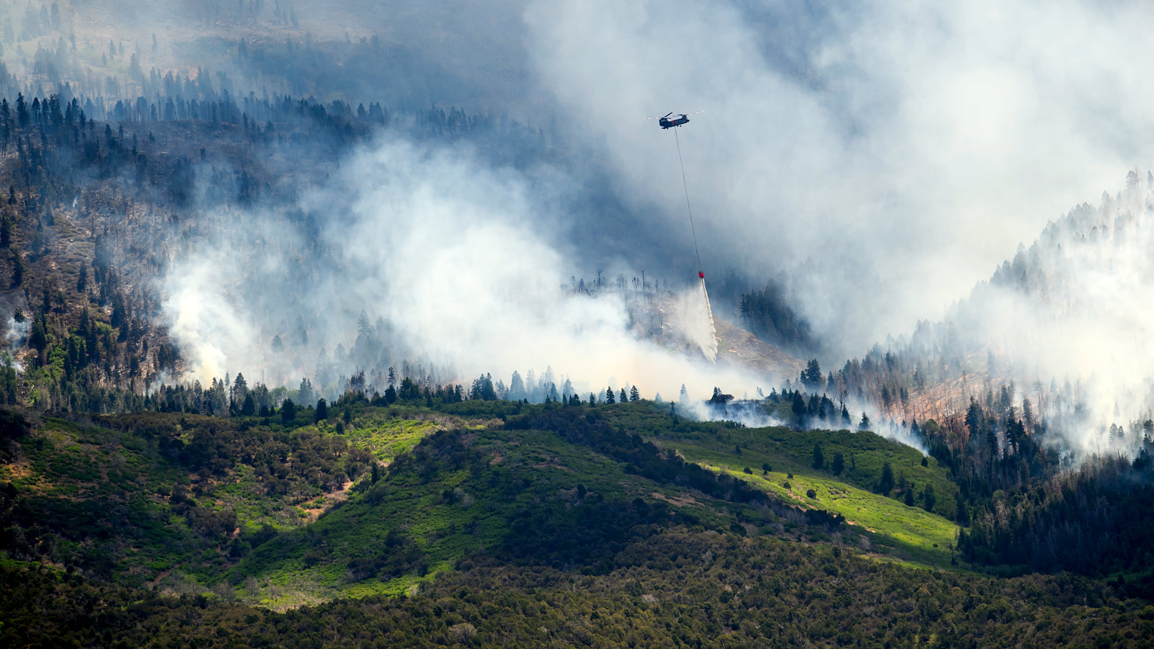 A helicopter drops water on the Cottonwood Fire burning near Beaver, Utah, on Saturday, June 27, 2026. (AP Photo/Noah Berger)