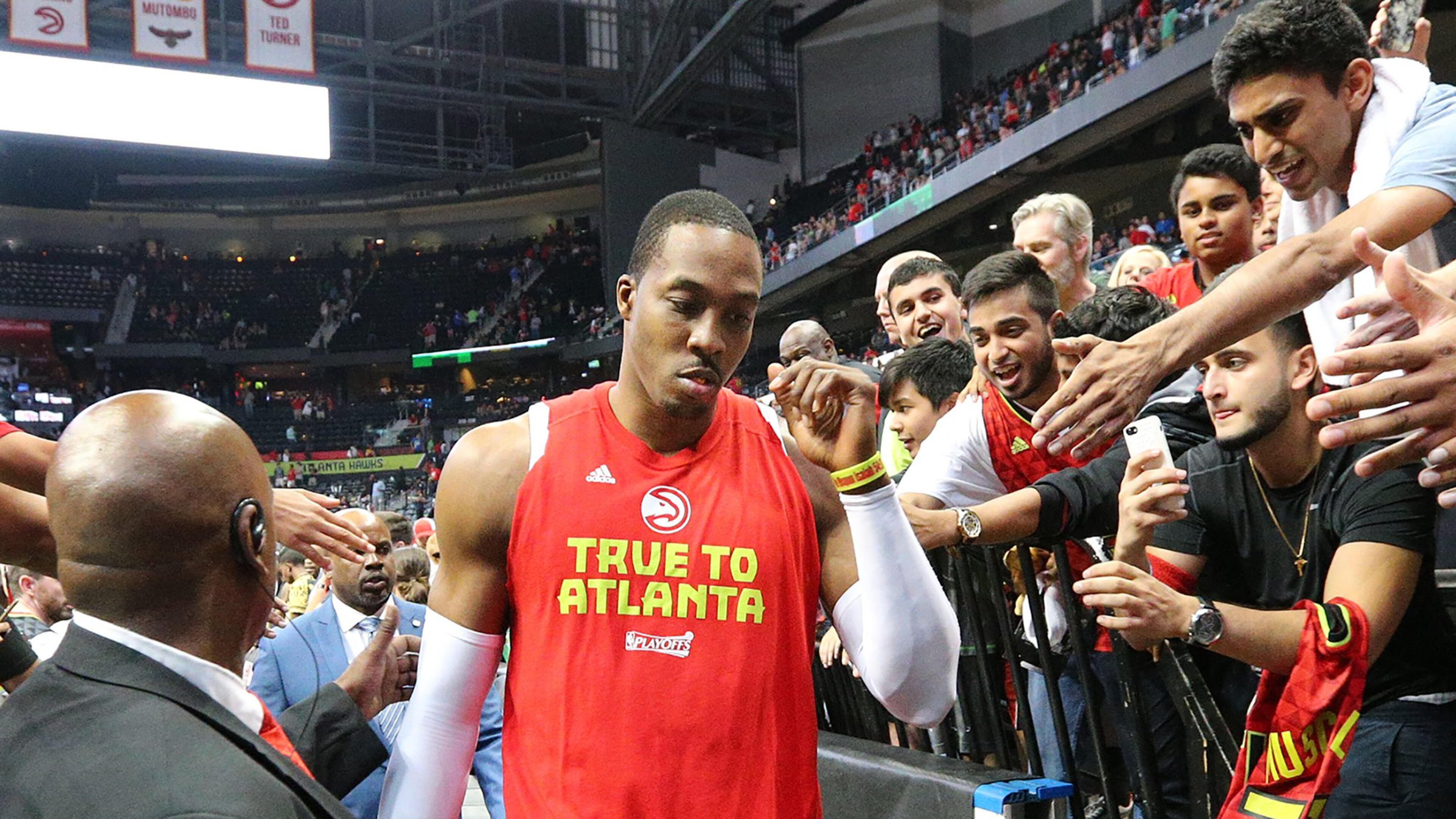 Dejected Atlanta Hawks Dwight Howard, who did not play in the fourth quarter, leaves the court falling 115-99 to the Washington Wizards in Game 6 of a first-round NBA basketball playoff series on Friday, April 28, 2017, in Atlanta. Curtis Compton/ccompton@ajc.com