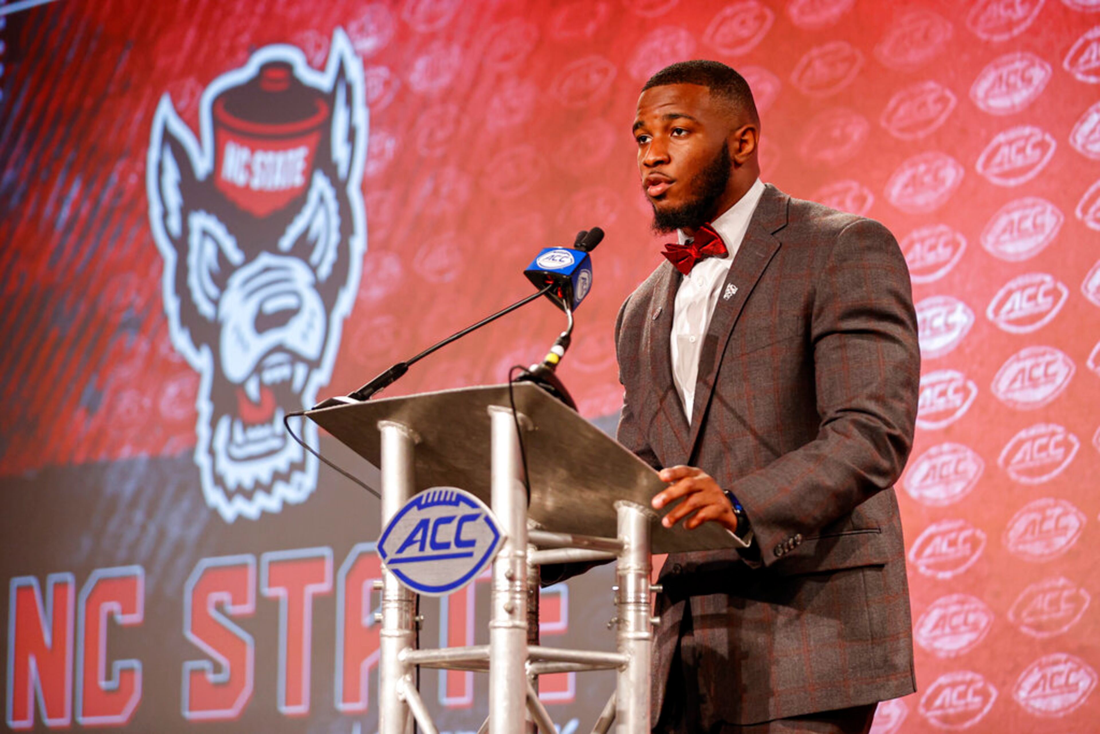 North Carolina State linebacker Isaiah Moore answers a question during an NCAA college football news conference at the Atlantic Coast Conference Media Days in Charlotte, N.C., Wednesday, July 20, 2022. (AP Photo/Nell Redmond)