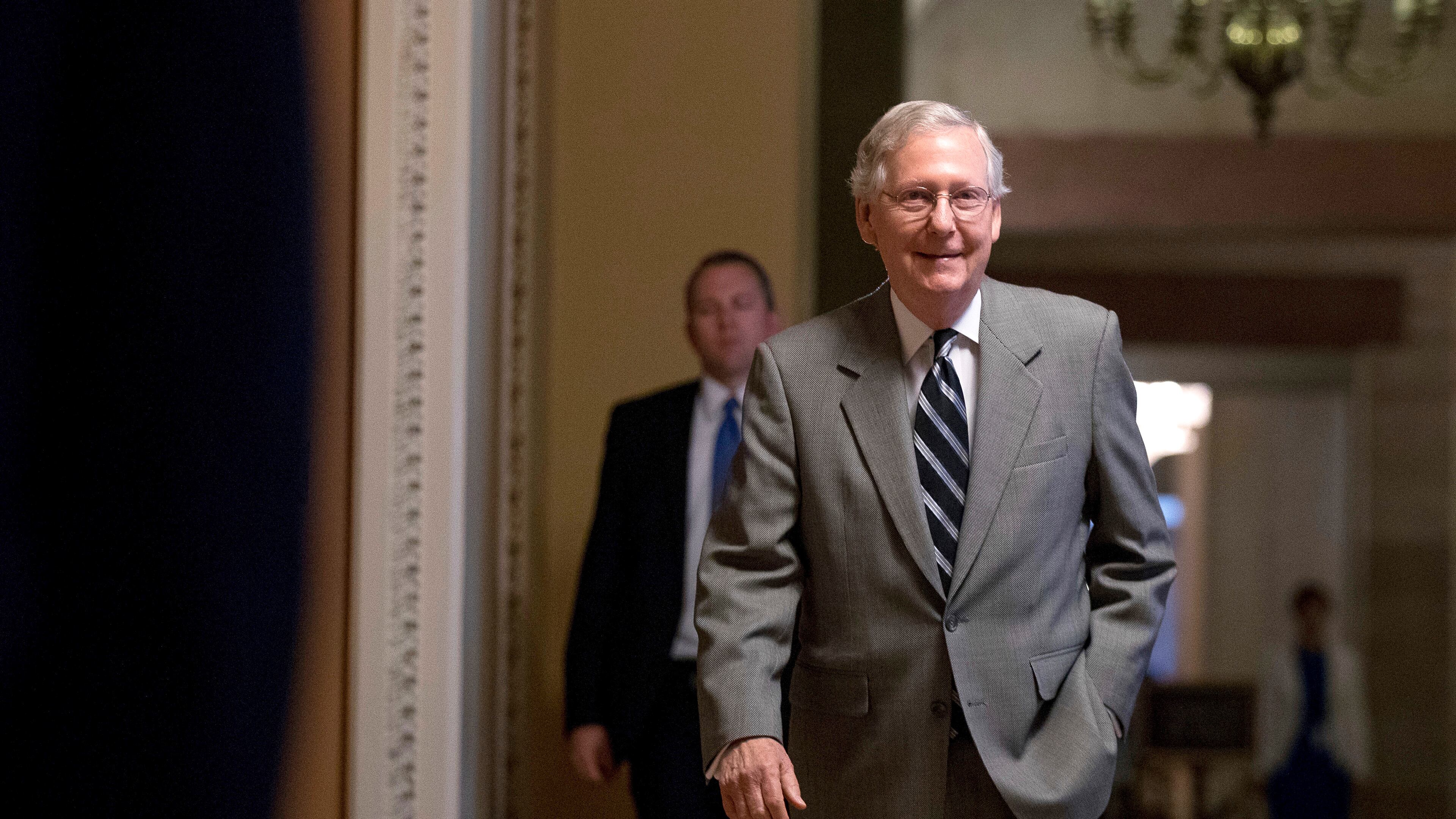 After Senate Majority Leader Mitch McConnell and other members of GOP leadership met Wednesday with President Donald Trump to discuss options for repealing and replacing Obamacare, McConnell said: “I appreciate the efforts of the administration at every step of the process to move beyond the failures of Obamacare. Obamacare was imposed on our country seven years ago. It has been hurting the people we represent ever since.” (AP Photo/Andrew Harnik)