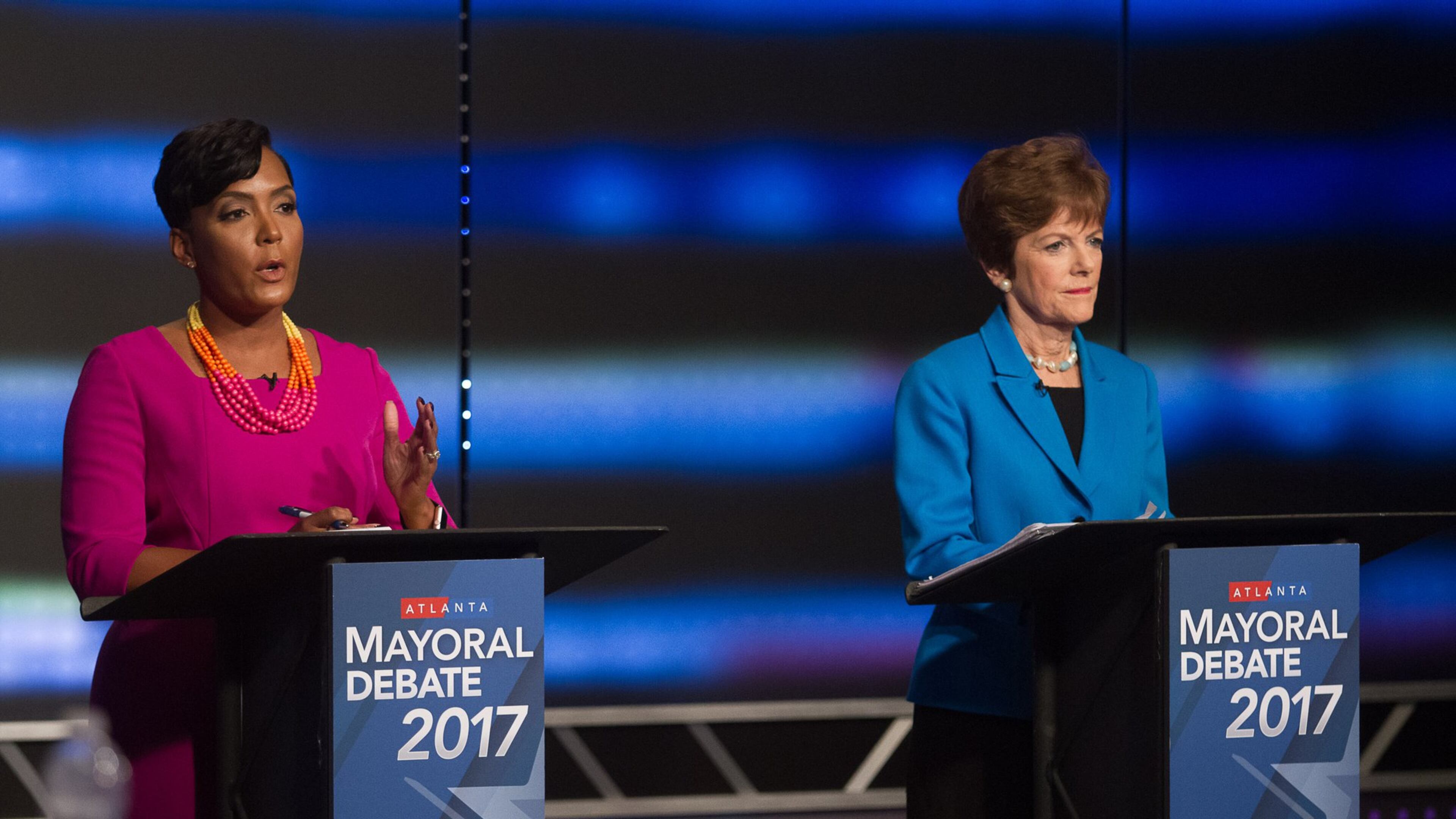 Atlanta mayoral contenders Keisha Lance Bottoms (left) and Mary Norwood speak at the WSB-TV’s live debate Sunday evening, Dec. 3, in Atlanta. The runoff election will be held Tuesday, Dec. 5.