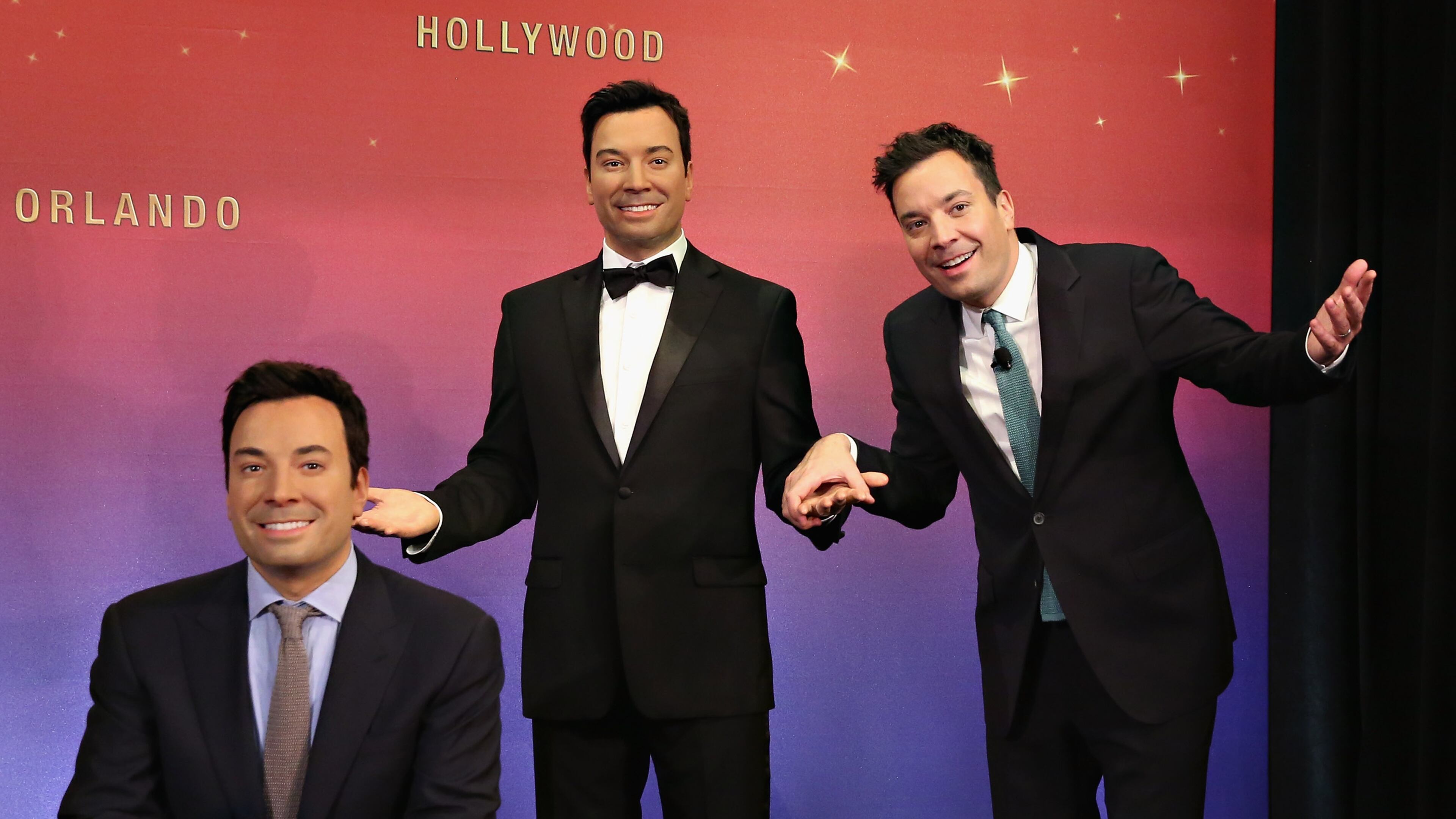 NEW YORK, NY - MARCH 27: Host of NBC's 'The Tonight Show', Jimmy Fallon (R) joins Madame Tussauds to debut five unique, brand new, never before seen wax figures of the television host at Madame Tussauds New York on March 27, 2015 in New York City. (Photo by Cindy Ord/Getty Images for Madame Tussauds New York)