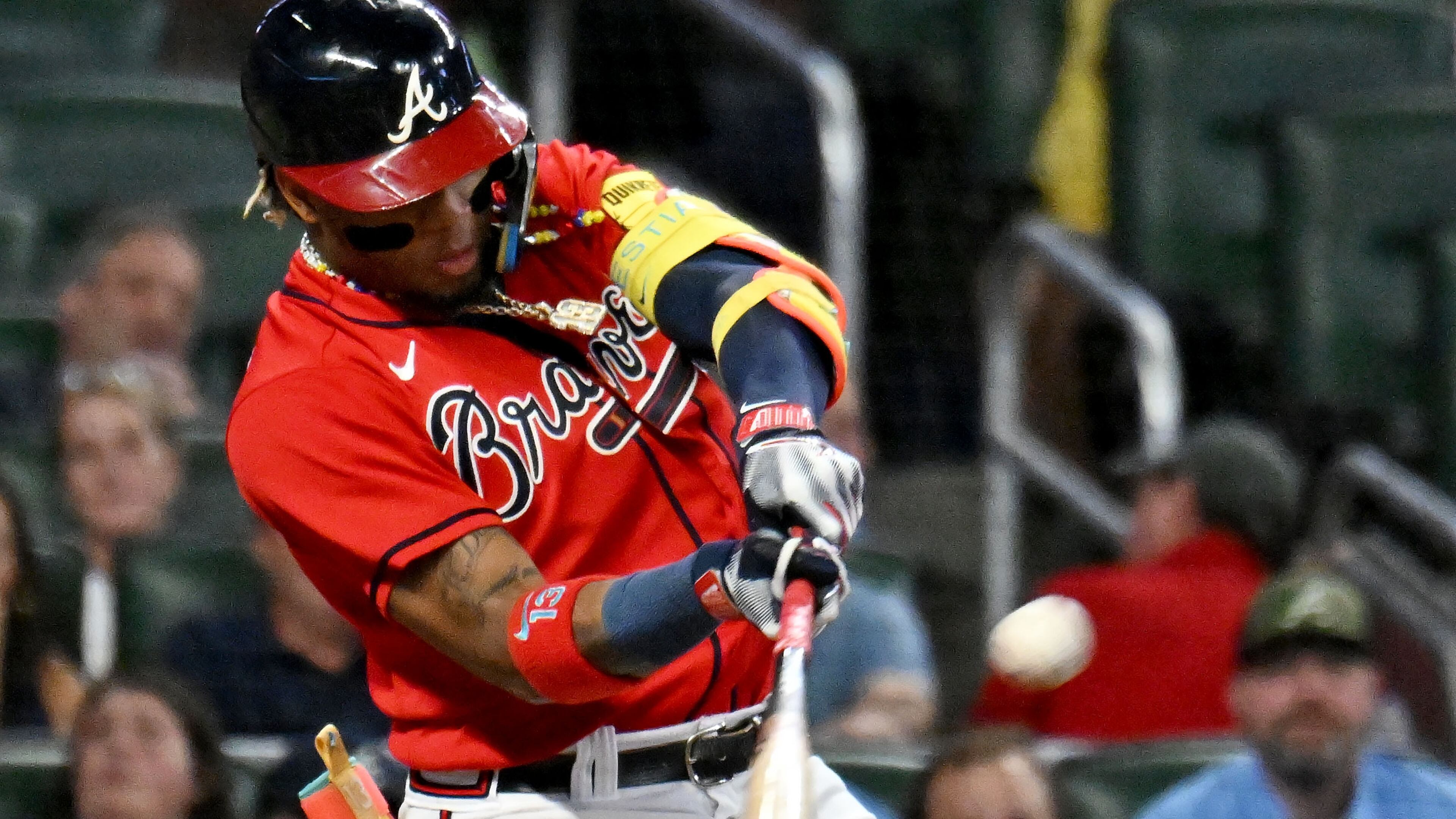 Atlanta Braves' right fielder Ronald Acuna Jr. (13) hits a solo home run during the fourth inning at Truist Park, Friday, September 8, 2023, in Atlanta. (Hyosub Shin / Hyosub.Shin@ajc.com)