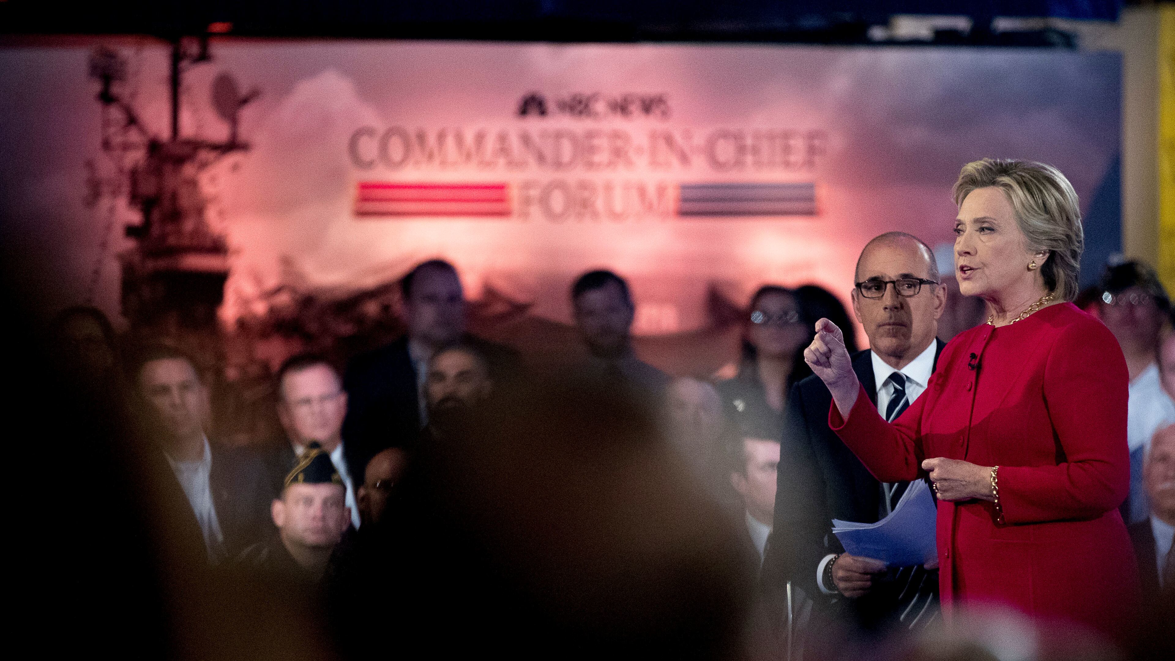 Democratic presidential candidate Hillary Clinton, accompanied by 'Today' show co-anchor Matt Lauer, second from right, speaks at the NBC Commander-In-Chief Forum held at the Intrepid Sea, Air and Space museum aboard the decommissioned aircraft carrier Intrepid, New York, Wednesday, Sept. 7, 2016. (AP Photo/Andrew Harnik)
