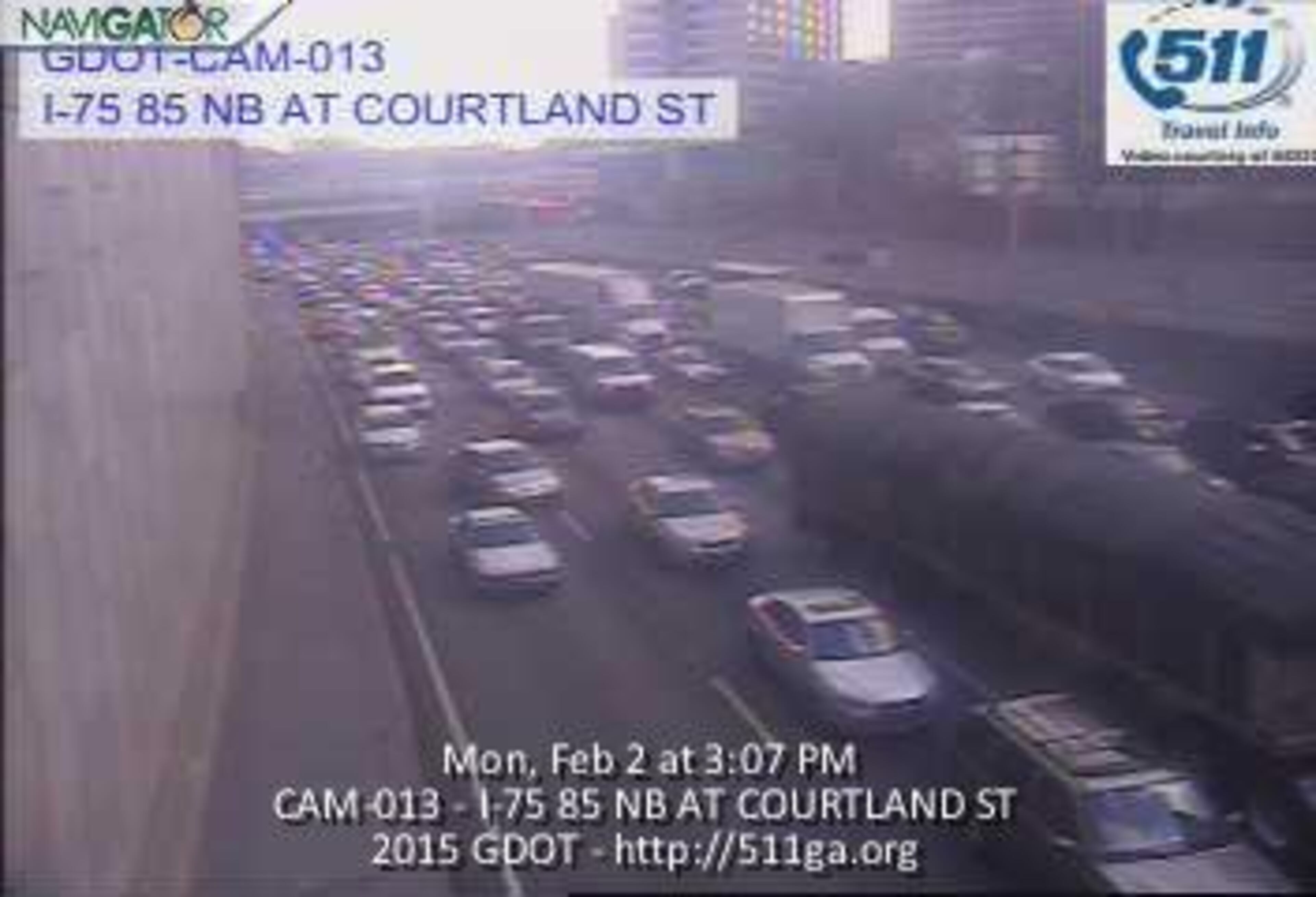 The Dowtown Connector was shut down in both directions shortly before 2 p.m., following the discovery of a suspicious package on the 14th Street Bridge. Lanes reopened well before 5 p.m., but the freeze caused a backlog in both directions. GDOT traffic cameras show the escalating congestion.