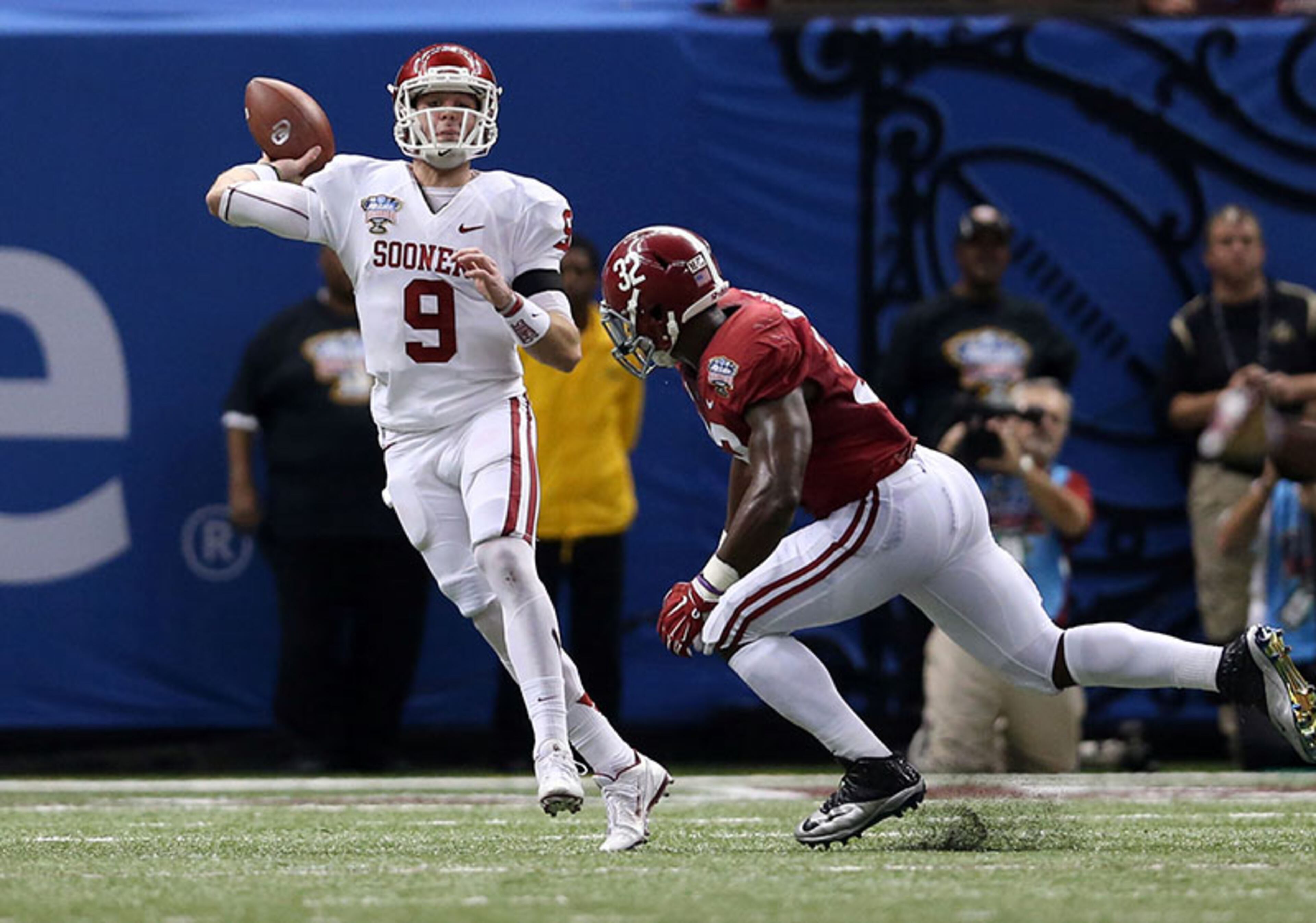 Oklahoma Sooners freshman quarterback Trevor Knight (9) completed a Sugar Bowl-record 32 passes for 348 yards and 4 touchdowns. Alabama's A.J. McCarron passed for 387 yards and two TDs, but his two interceptions set up Oklahoma TDs, and his fumble, returned for a score in the final minute, sealed Alabama's first two-game skid since its Sugar Bowl loss to Utah in January 2009. The 80th Sugar Bowl was the first in which quarterbacks for both teams threw for more than 300 yards.