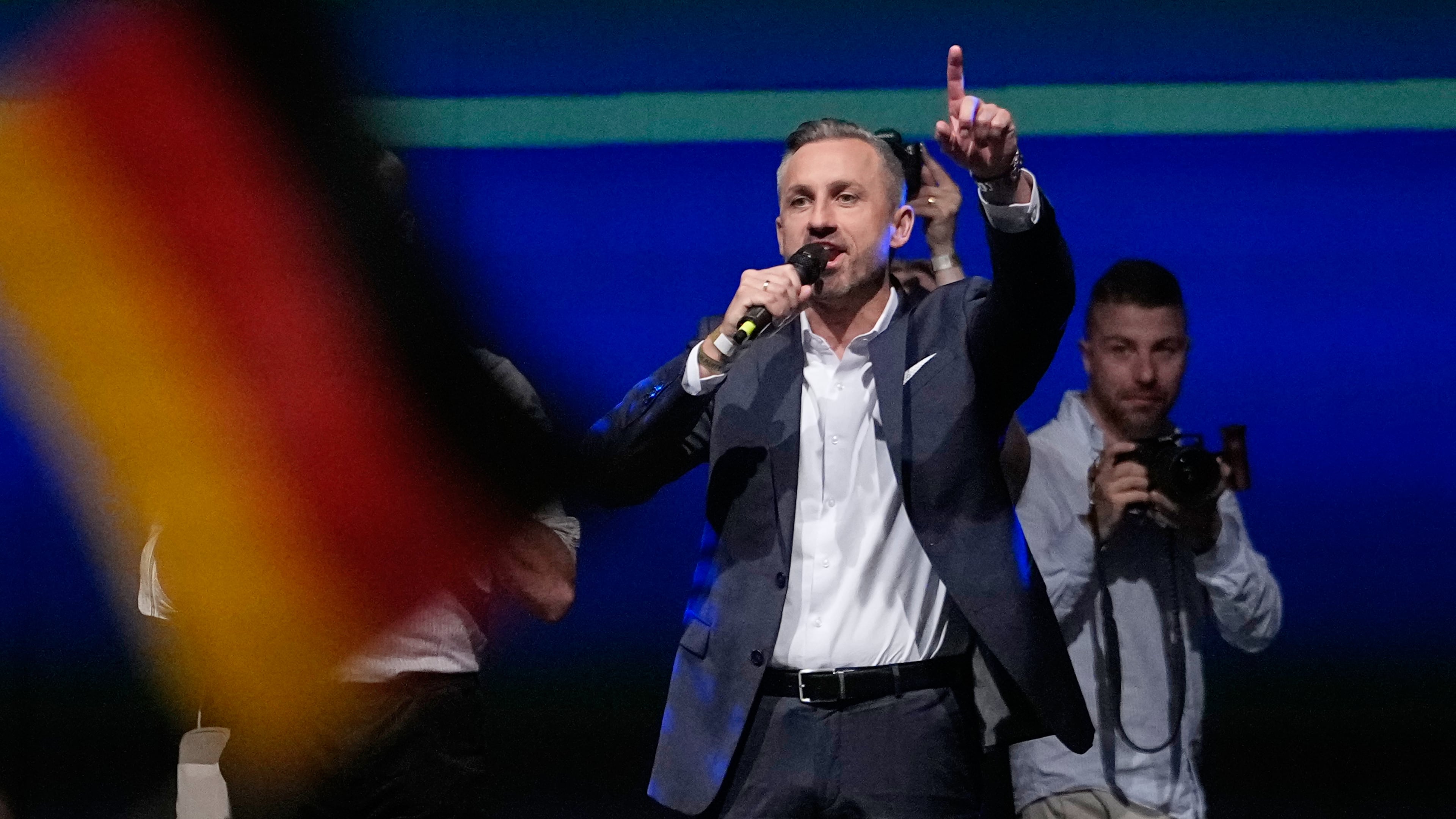 Top candidate Ulrich Siegmund speaks at an election party of the "Alternative for Germany" (AfD) after the Saxony-Anhalt state elections in Magdeburg, eastern Germany, Sunday, Sept. 6, 2026. (AP Photo/Matthias Schrader)