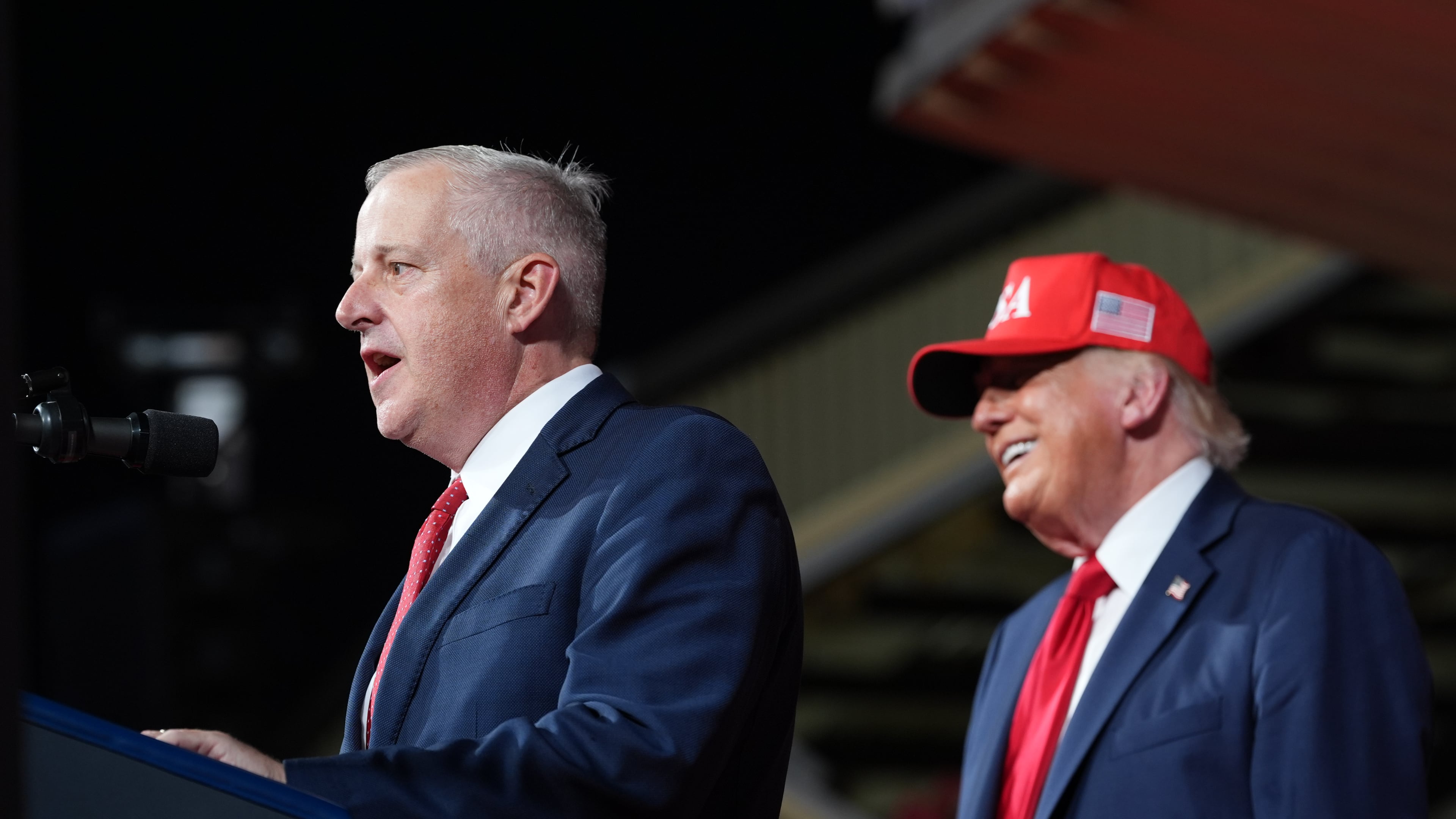 President Donald Trump listens as North Carolina Republican U.S. Senate candidate Michael Whatley speaks during a rally at Gastonia Municipal Airport, Wednesday, Sept. 16, 2026, in Gastonia, N.C. (AP Photo/Alex Brandon)