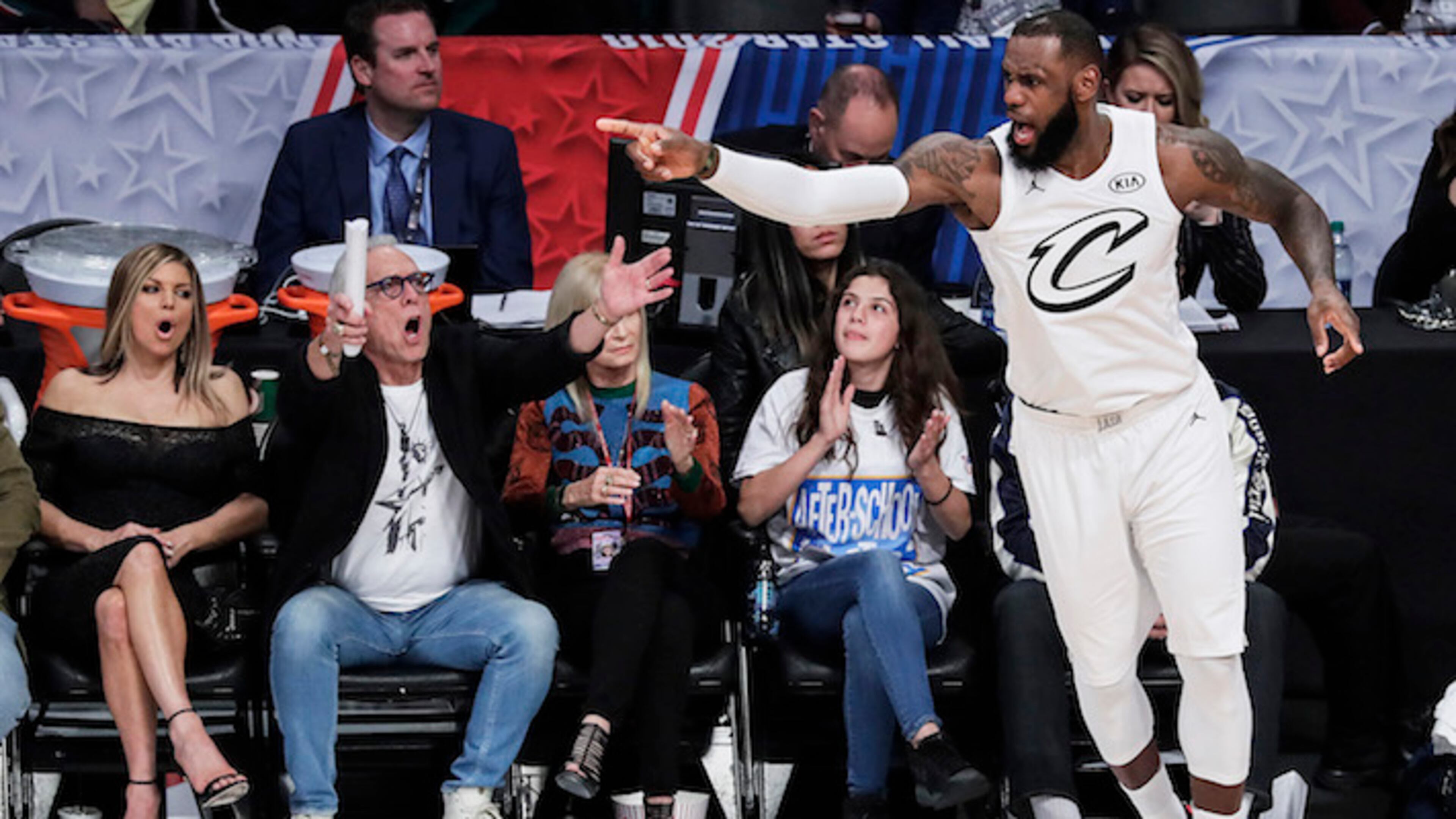 LeBron James yells out after hitting a three-pointer late in the second half at the NBA All Star 2018 at Staples Center on Feb. 18, 2018 in Los Angeles. (Robert Gauthier/Los Angeles Times/TNS)