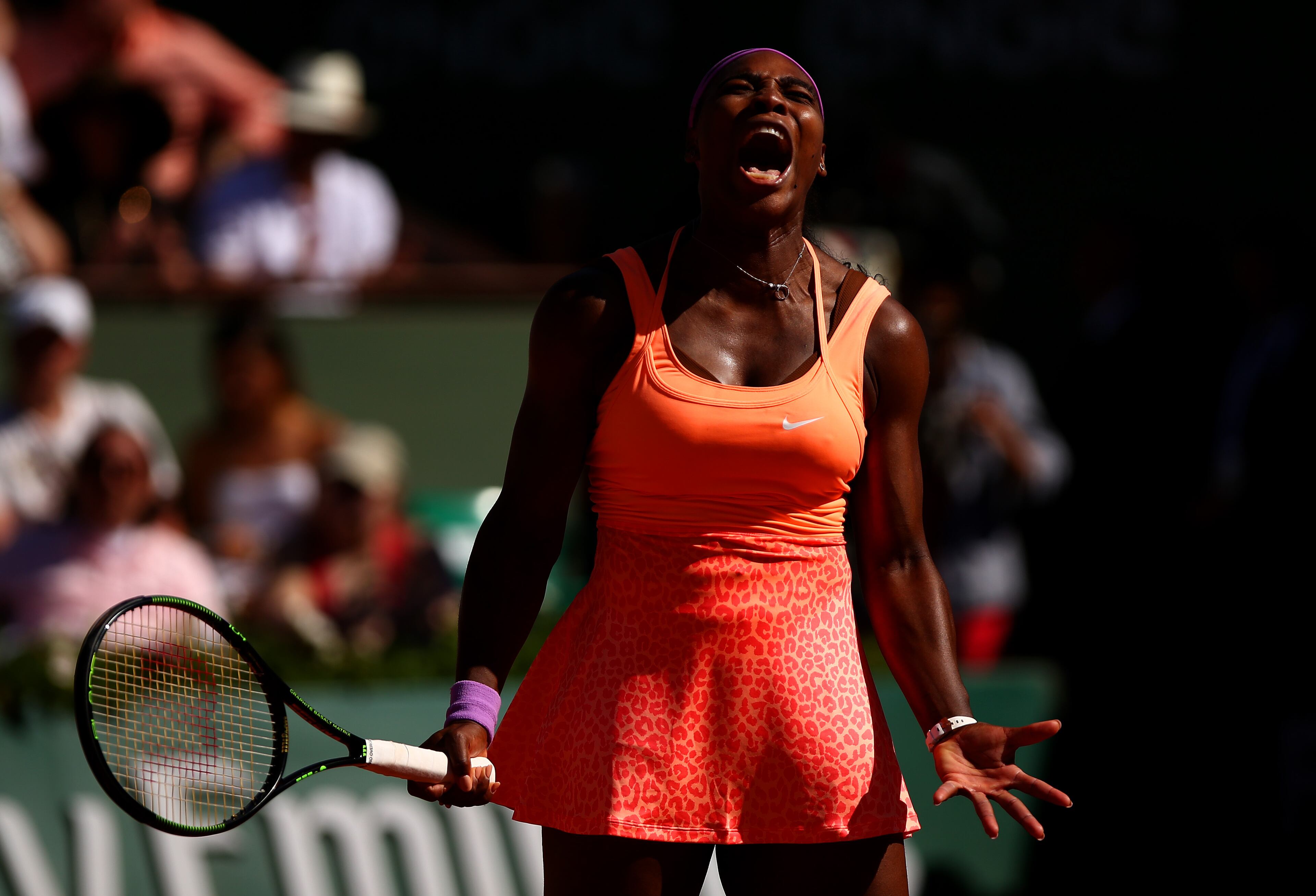 Serena Williams of the United States reacts during the Women's Singles Final against Lucie Safarova of Czech Repbulic on day fourteen of the 2015 French Open at Roland Garros on June 6, 2015 in Paris, France. (Photo by Dan Istitene/Getty Images)