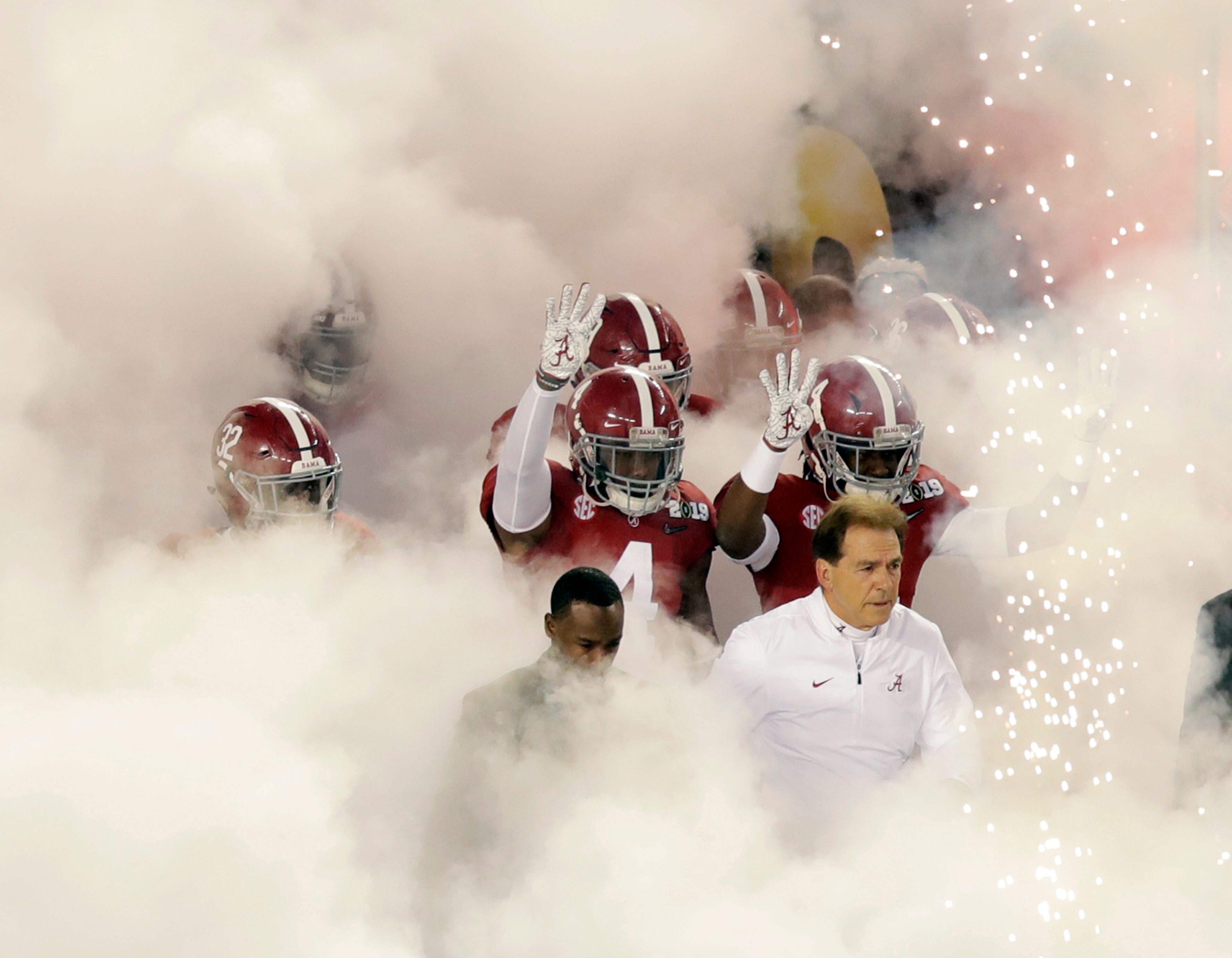 Alabama is introduced before the NCAA college football playoff championship game against Clemson, Monday, Jan. 7, 2019, in Santa Clara, Calif.