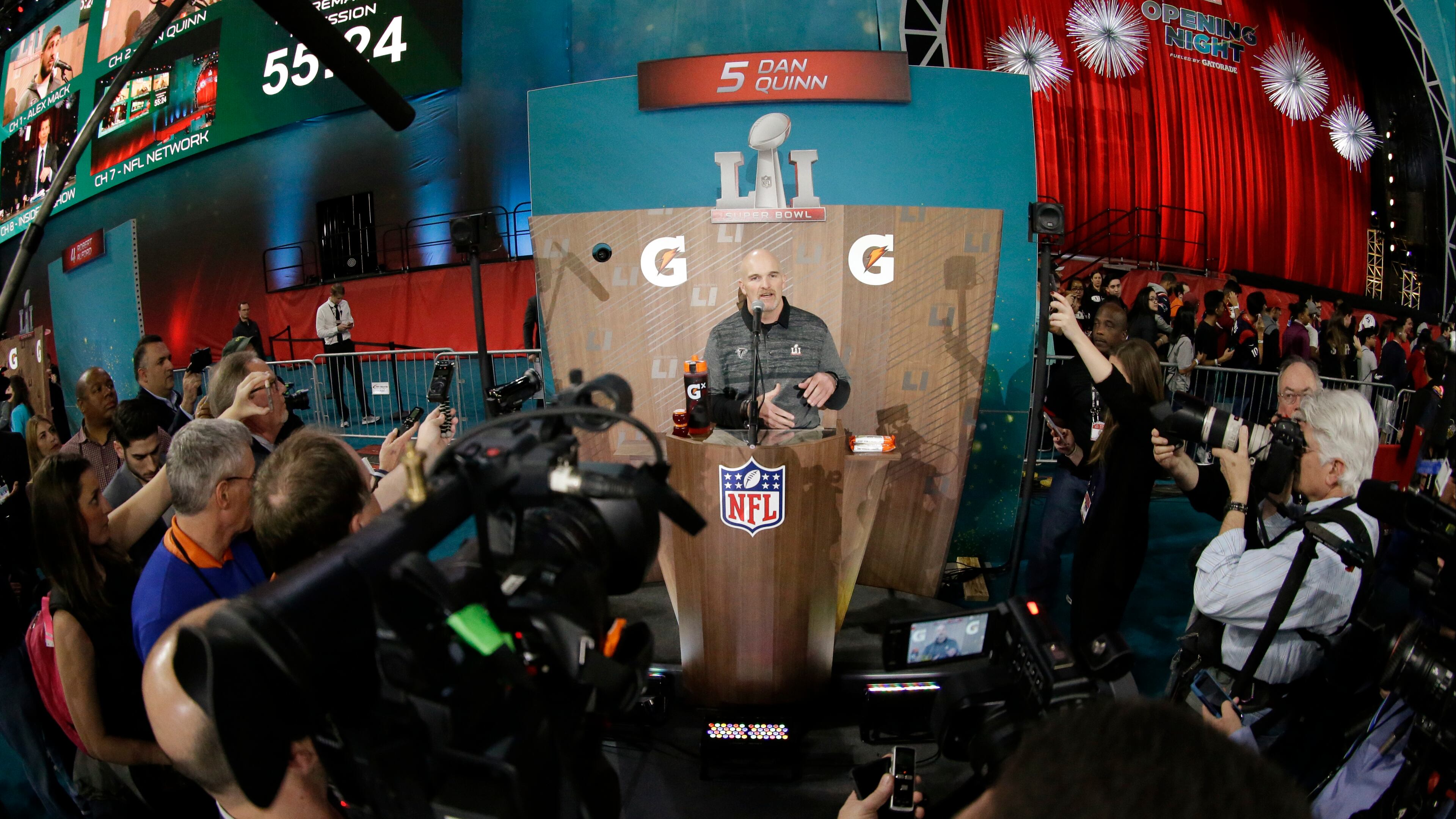 Atlanta Falcons head coach Dan Quinn answers questions during opening night for the NFL Super Bowl 51 football game at Minute Maid Park Monday, Jan. 30, 2017, in Houston. (AP Photo/David J. Phillip)