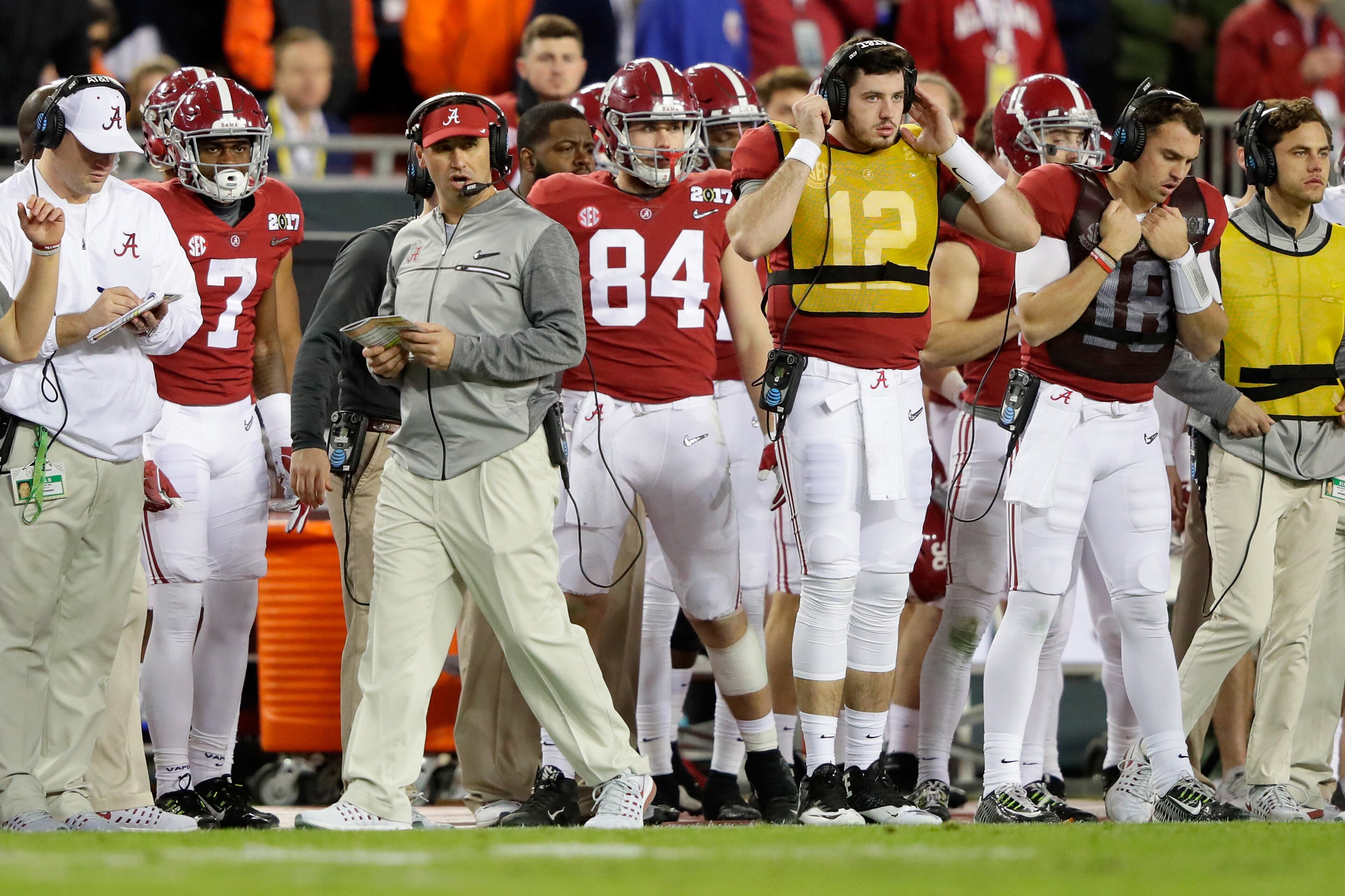 TAMPA, FL - JANUARY 09: Offensive coordinator Steve Sarkisian of the Alabama Crimson Tide stands on the sideline during the second half of the 2017 College Football Playoff National Championship Game against the Clemson Tigers at Raymond James Stadium on January 9, 2017 in Tampa, Florida. (Photo by Jamie Squire/Getty Images)