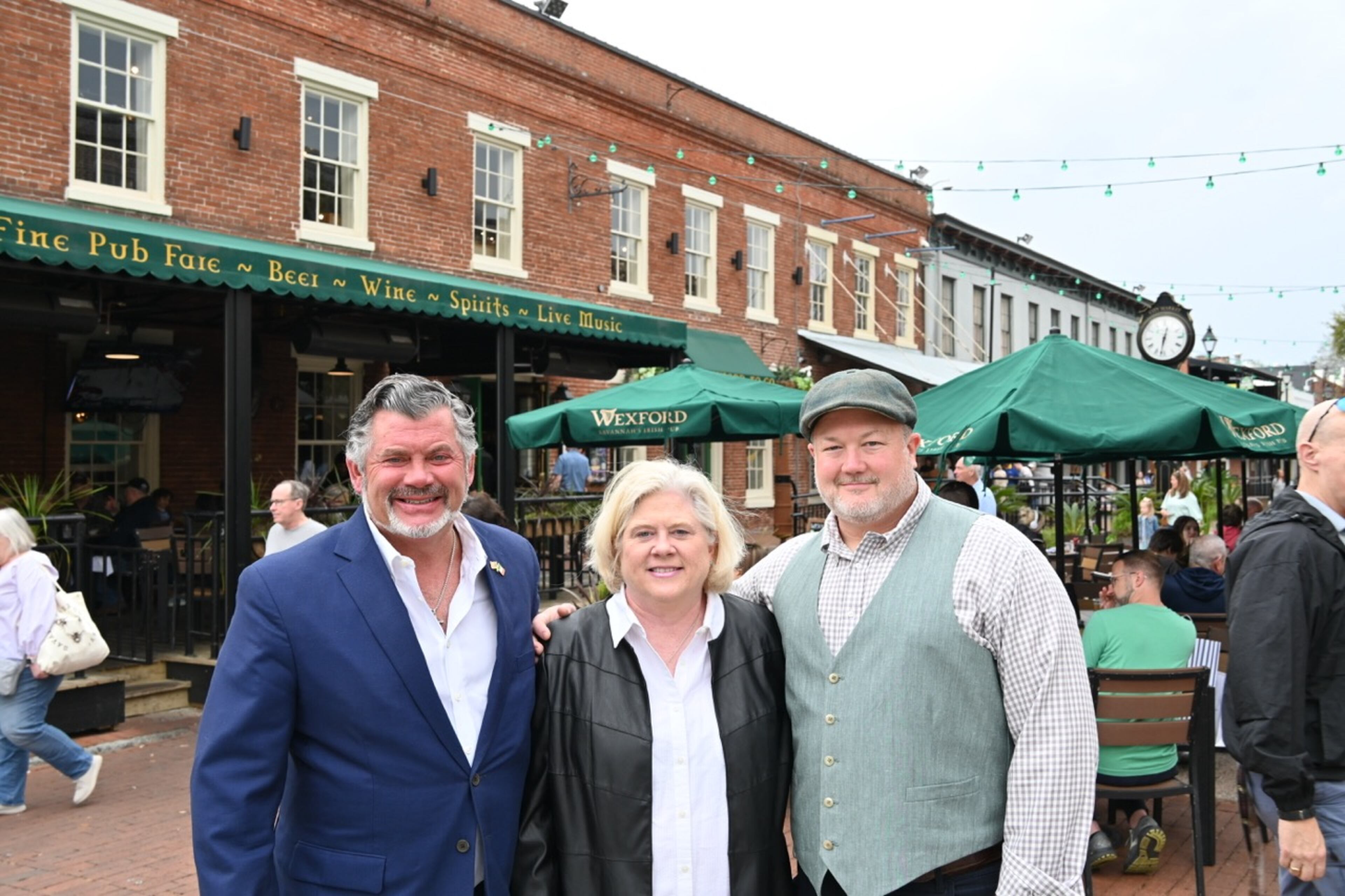 Business partners Tim Strickland (from left), Jennifer Strickland and Chris Swanson stand in front of their restaurant Wexford. “Savannah has so many great restaurants and is truly becoming a foodie destination,” says Jennifer Strickland. (Courtesy of Wexford-Savannah's Irish Pub)