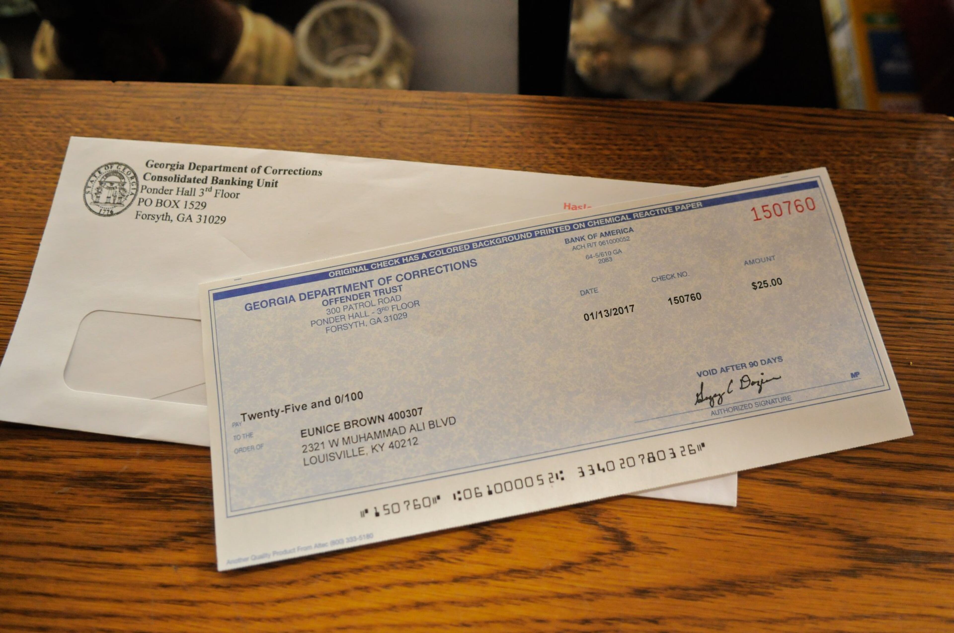 The money Eunice Johnson was supposed to get for her return trip from the jail, for bus fare etc., was mailed to her home in Louisville. (Nina N. Greipel / For the AJC)