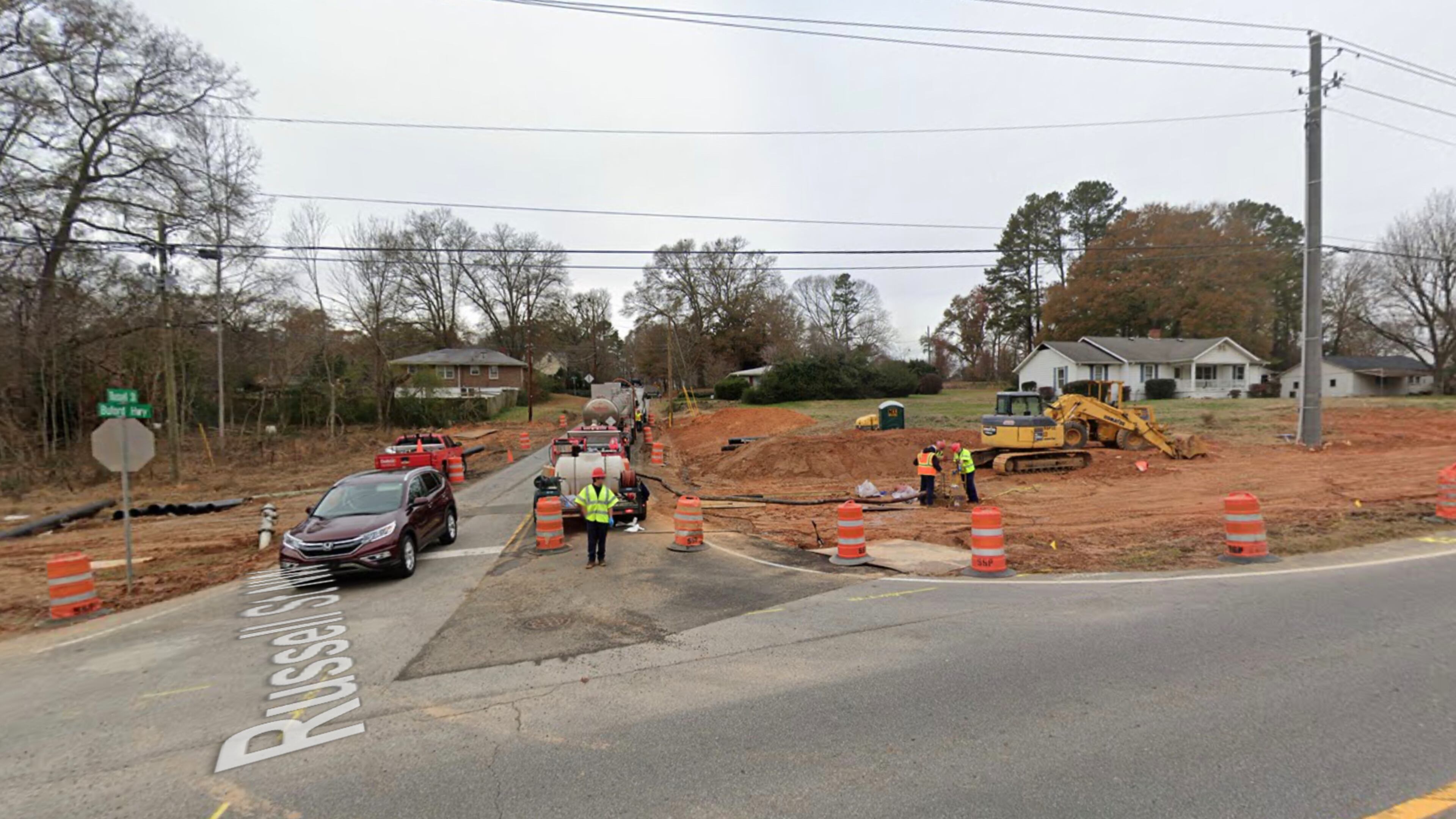 Russell Street in Suwanee is closed to traffic until Sept. 12 as GDOT continues construction of the roundabout on Ga. 13./Buford Highway. (Google Maps)
