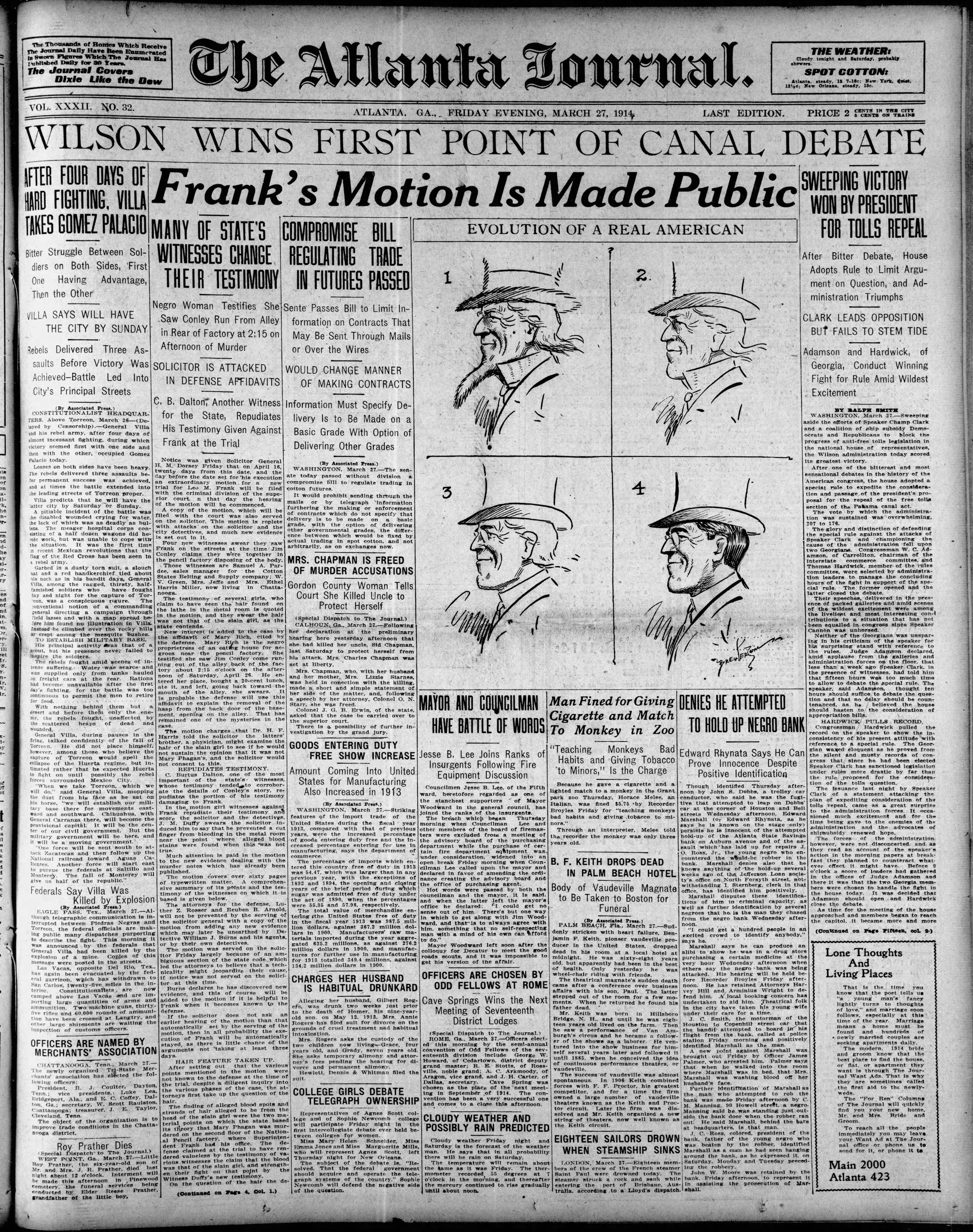 The Atlanta Journal front page on March 27, 1914.