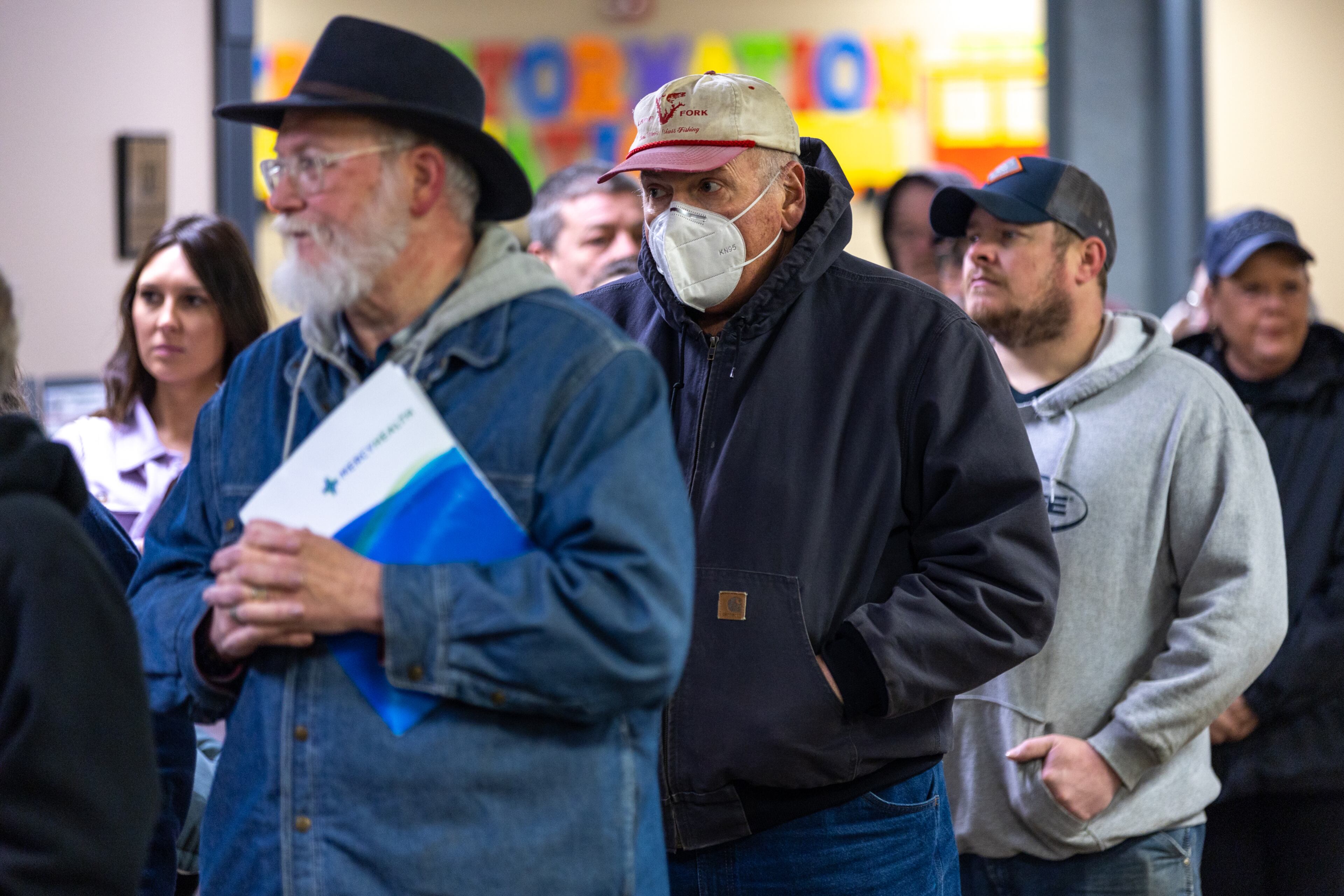 People wait in line for assistance from Norfolk Southern at Abundant Life Fellowship church in New Waterford, Ohio on Friday, February 17, 2023. (Arvin Temkar / arvin.temkar@ajc.com)