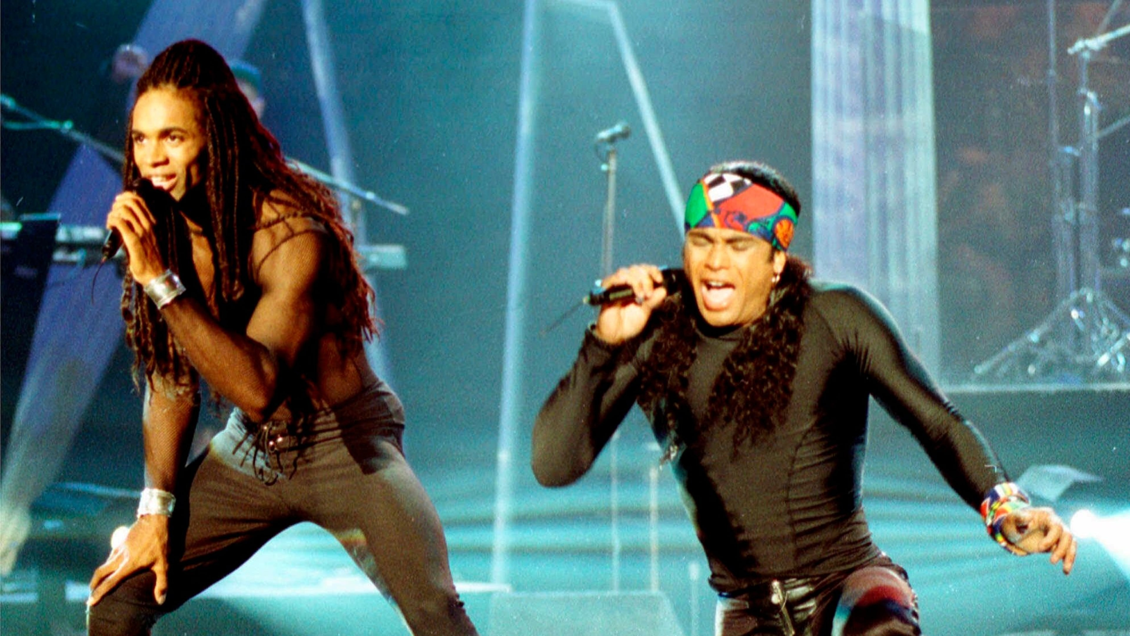 FILE - In this Oct. 26, 1992 file photo, Fabrice Morvan, left, and Rob Pilatus of Milli Vanilli perform during the taping of the Arsenio Hall Show in Los Angeles. (AP Photo/Craig Fujii, File)