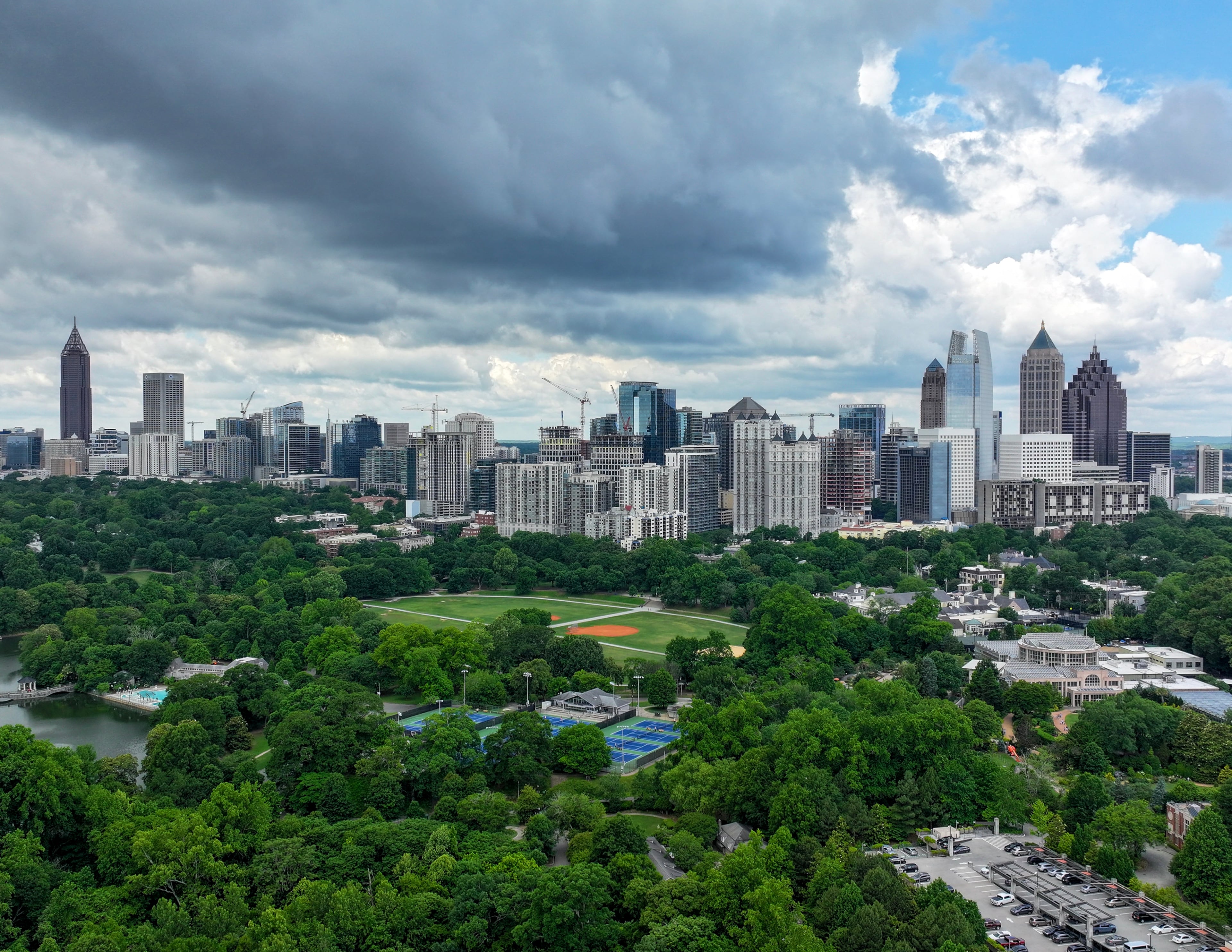 The Atlanta Midtown skyline is seen in this aerial image. Atlanta is a top city for retirement in Georgia. (Miguel Martinez / AJC)
