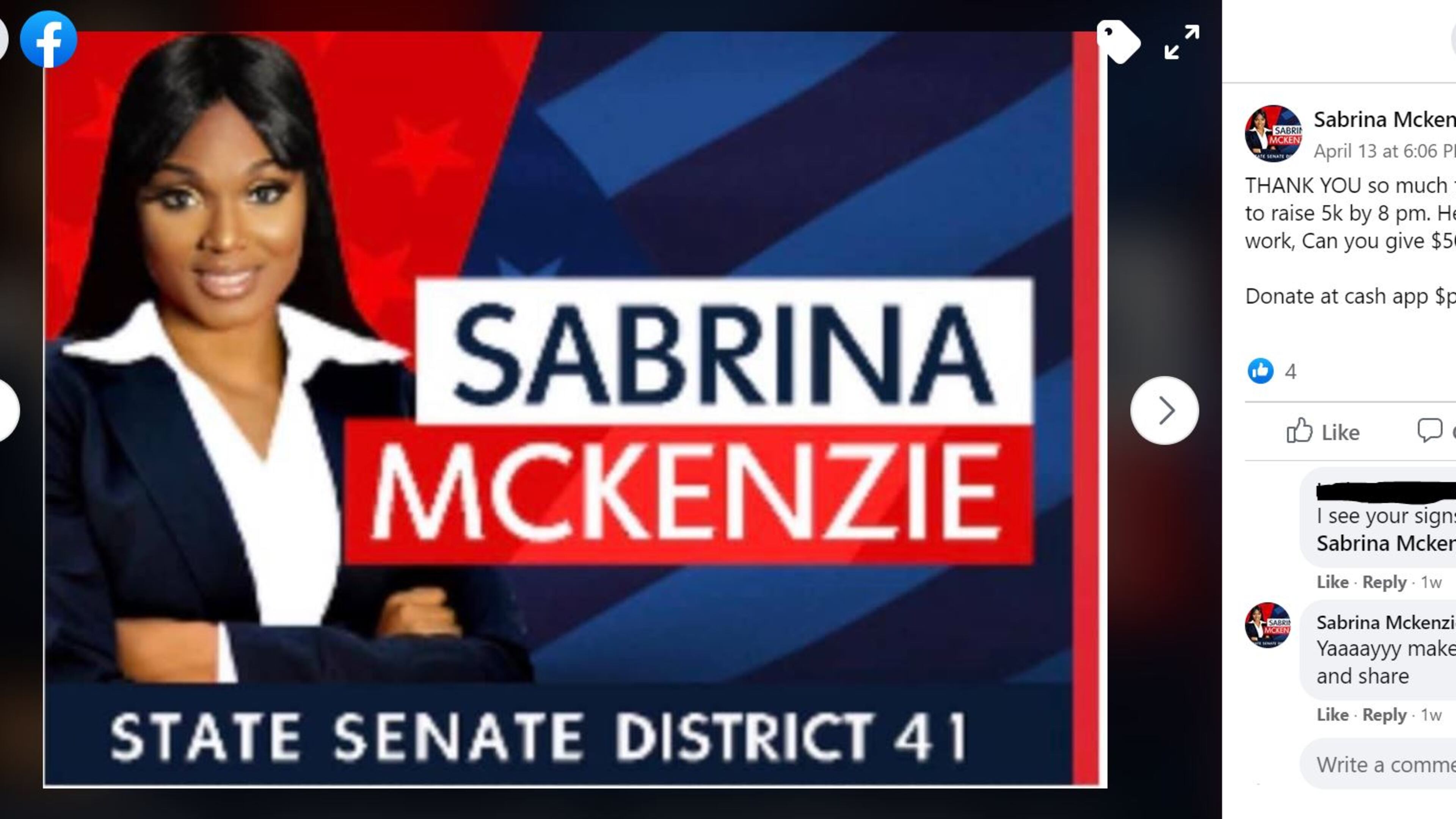 Sabrina McKenzie, who was seeking the Democratic nomination for a DeKalb County-based state Senate seat, has continued to solicit campaign donations after being disqualified from the race. (Facebook screenshot)